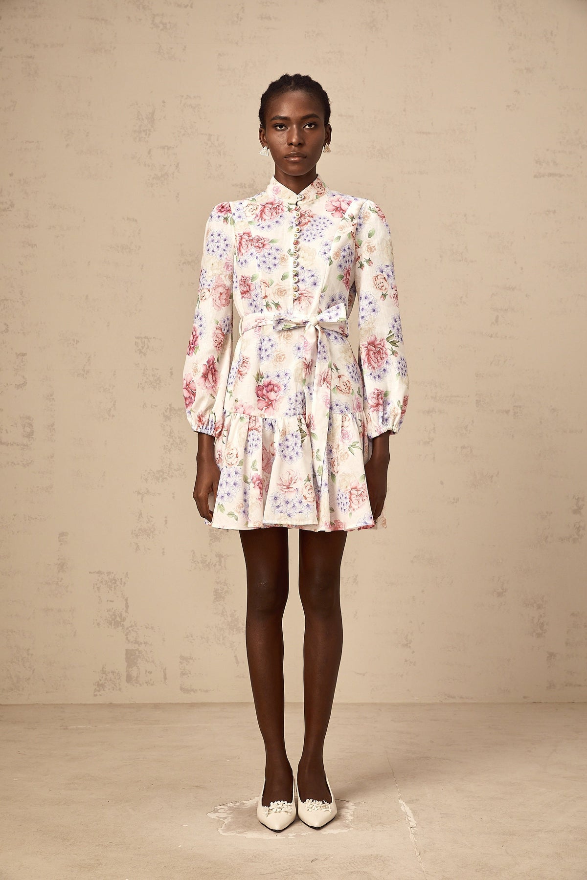 Maia tied-waist floral-print mini dress in White