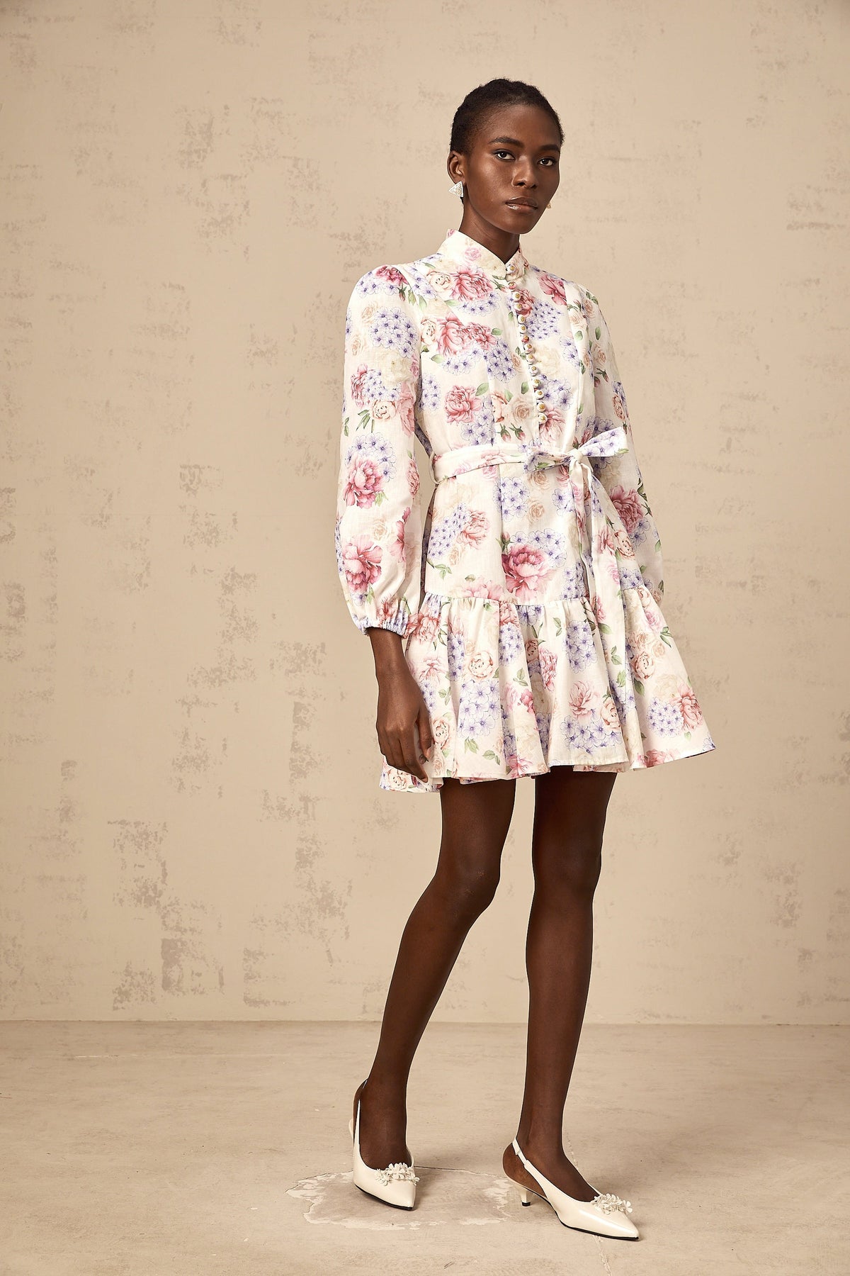Maia tied-waist floral-print mini dress in White