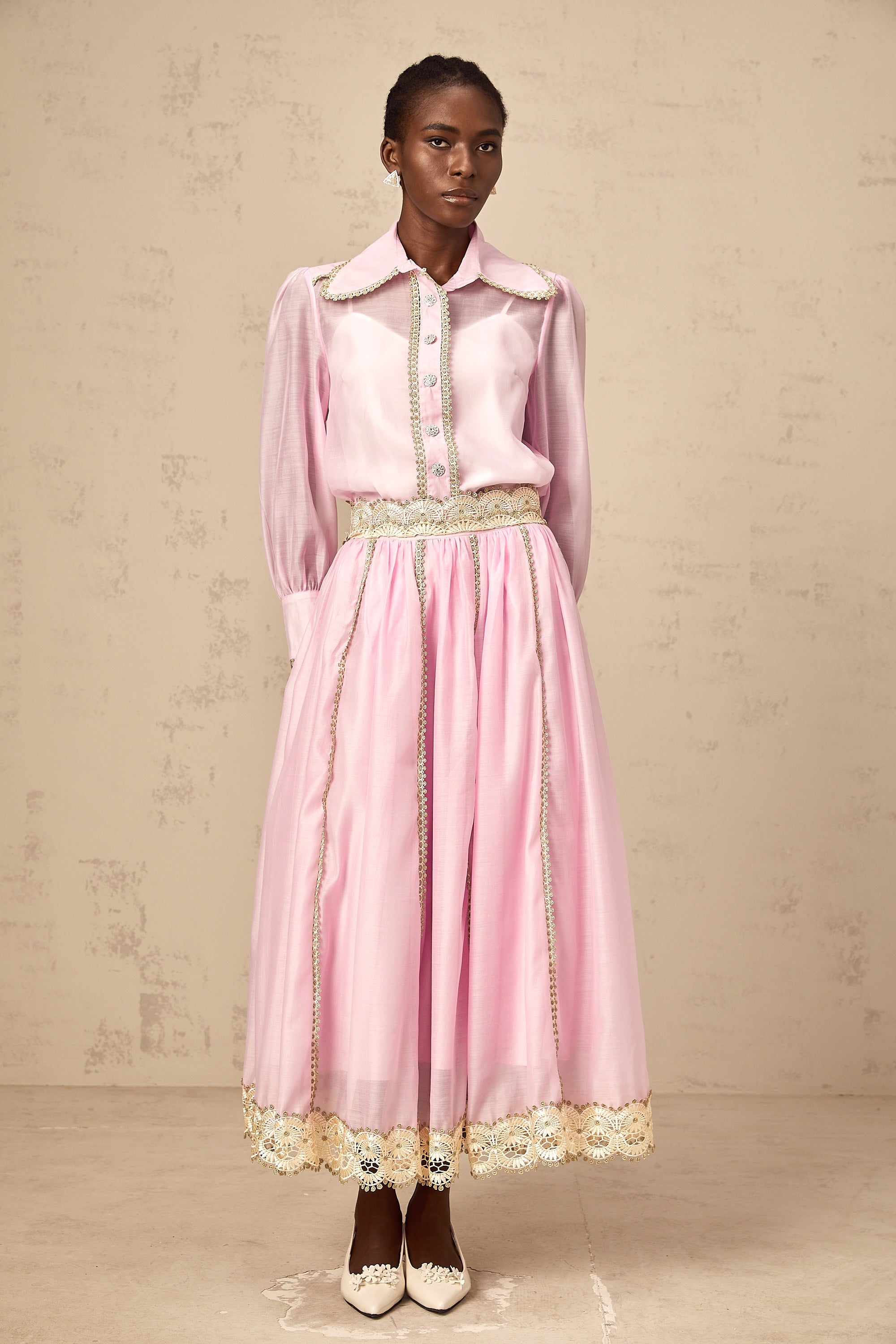 Frida pink lace-trim shirt & skirt matching set