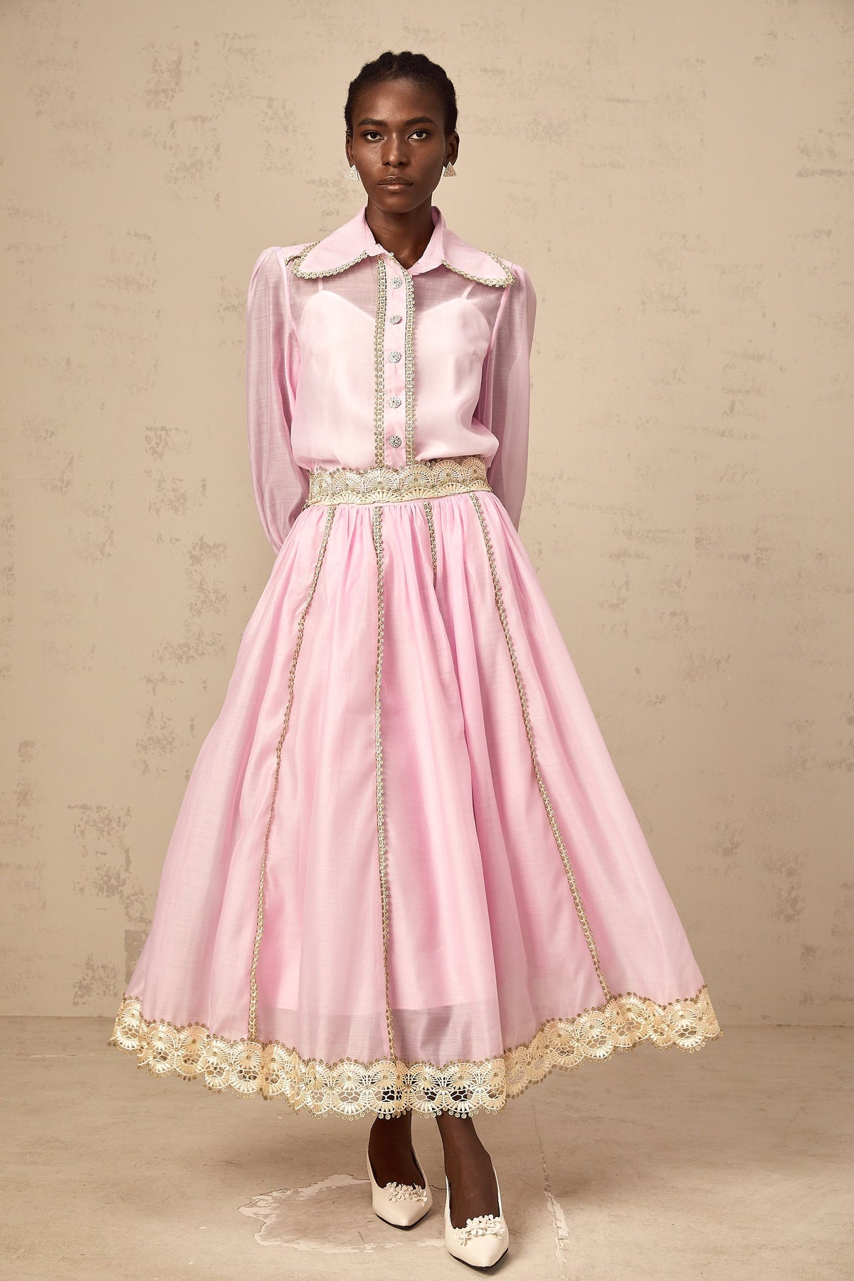 Frida pink lace-trim shirt & skirt matching set (Final Sale-US Only)