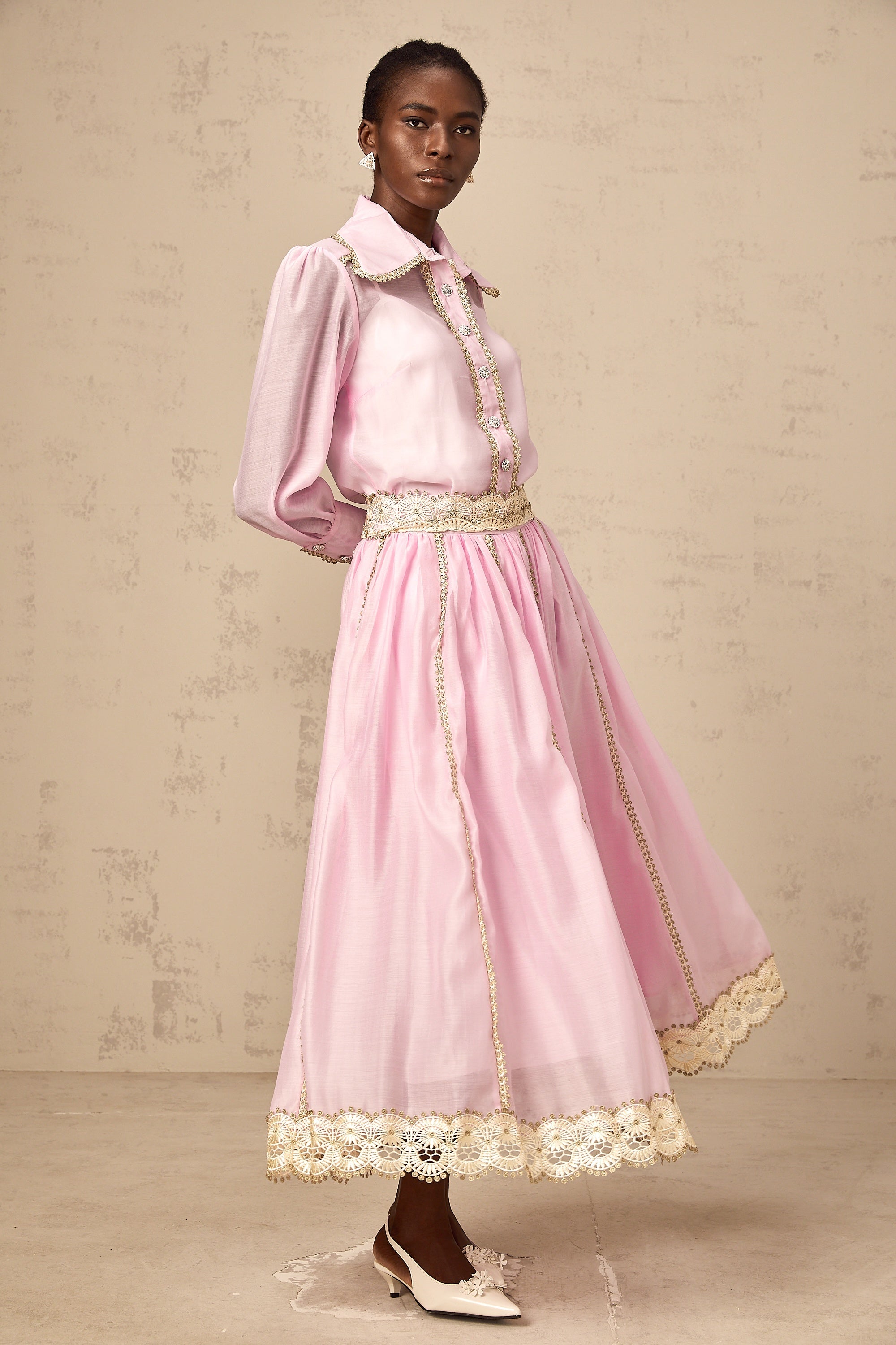 Frida pink lace-trim shirt & skirt matching set