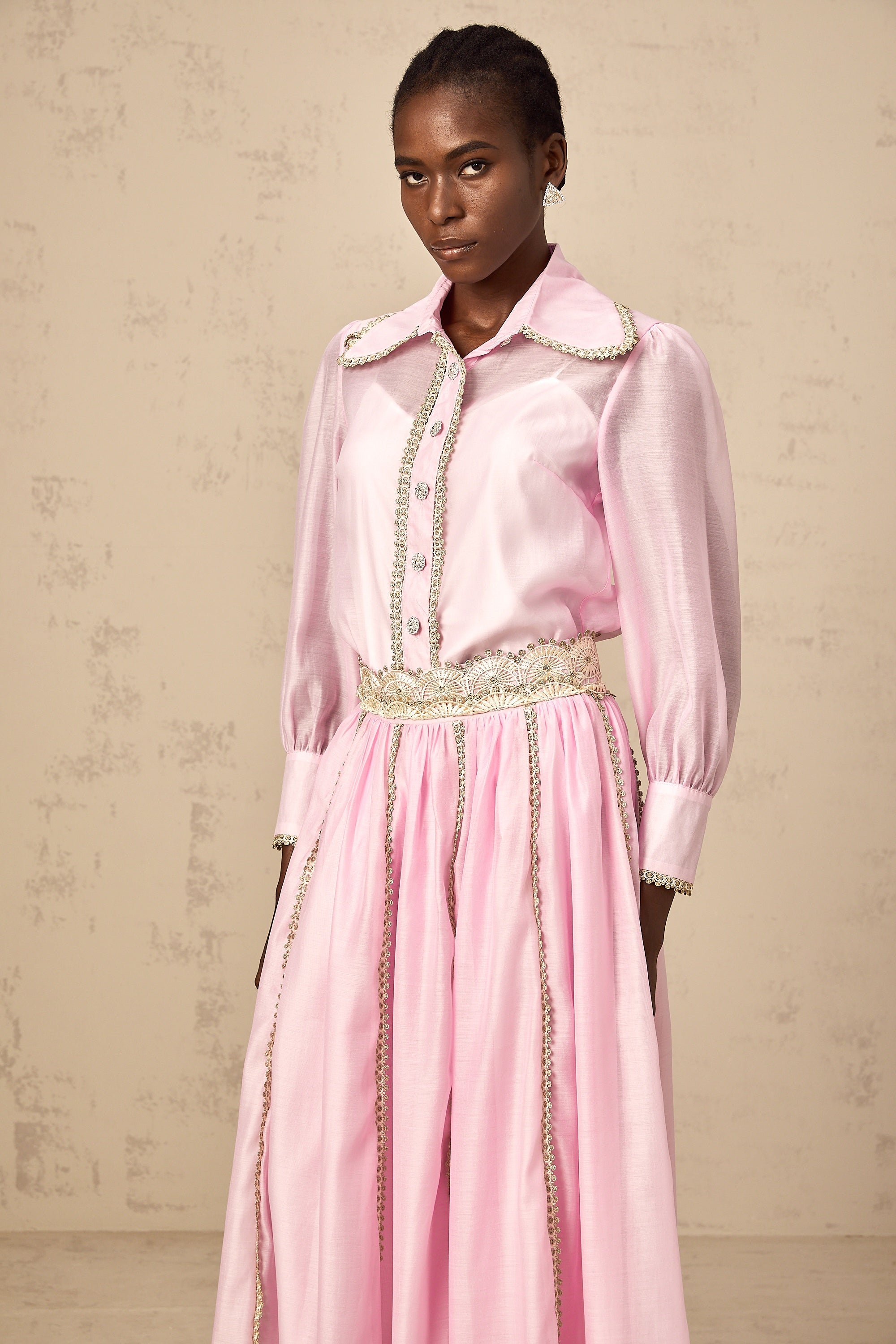 Frida pink lace-trim shirt & skirt matching set