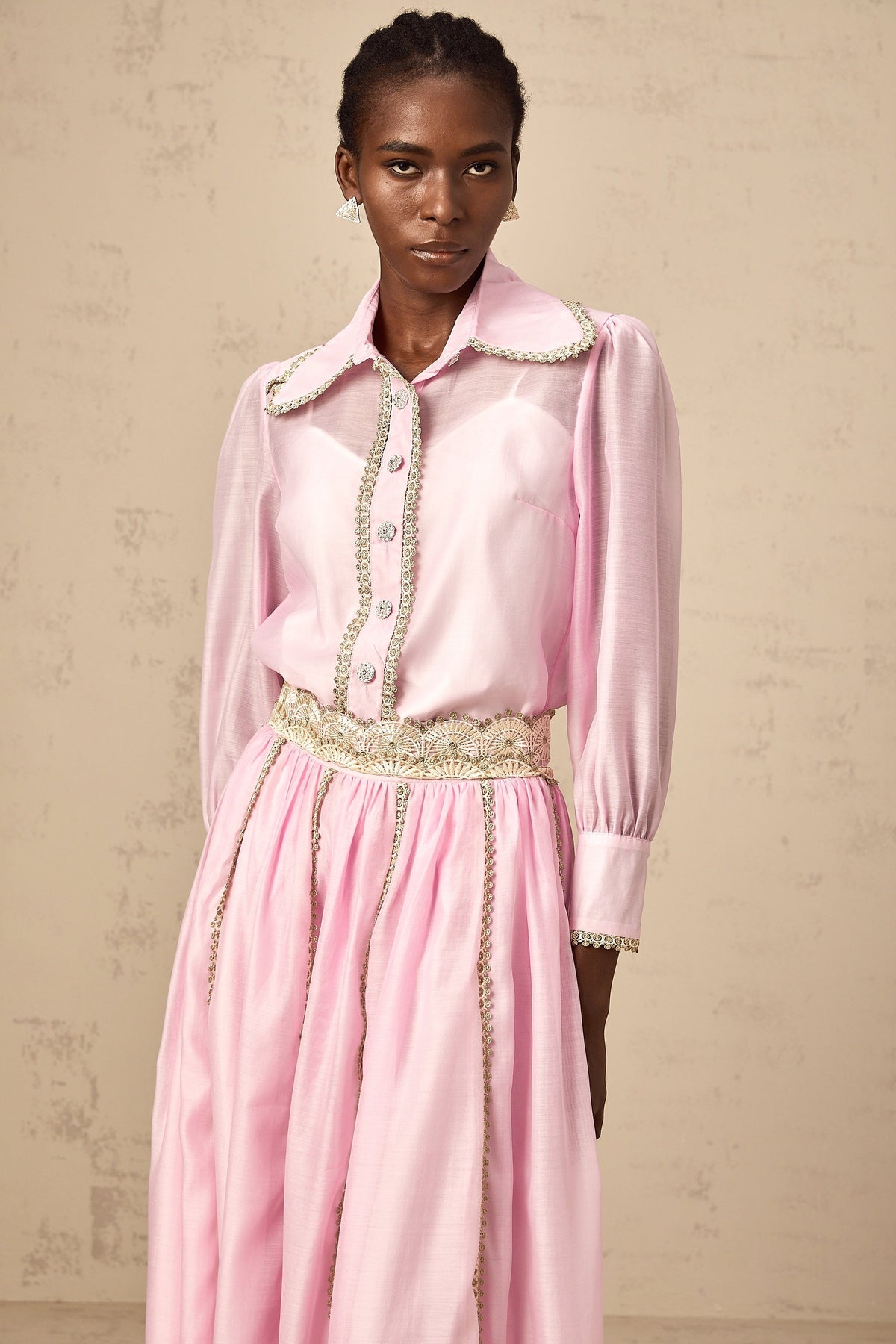 Frida pink lace-trim shirt & skirt matching set (Final Sale-US Only)