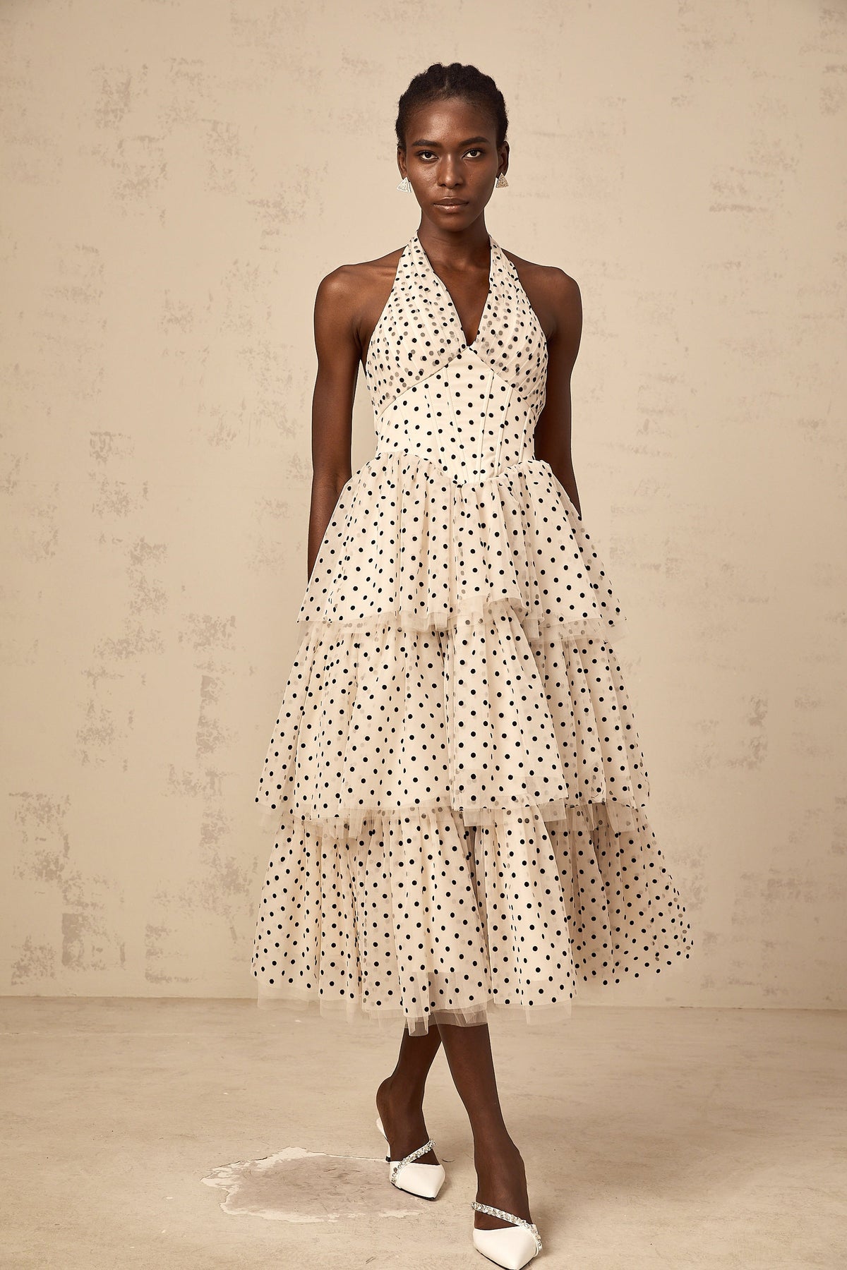 Philae ivory polka-dot tiered midi dress