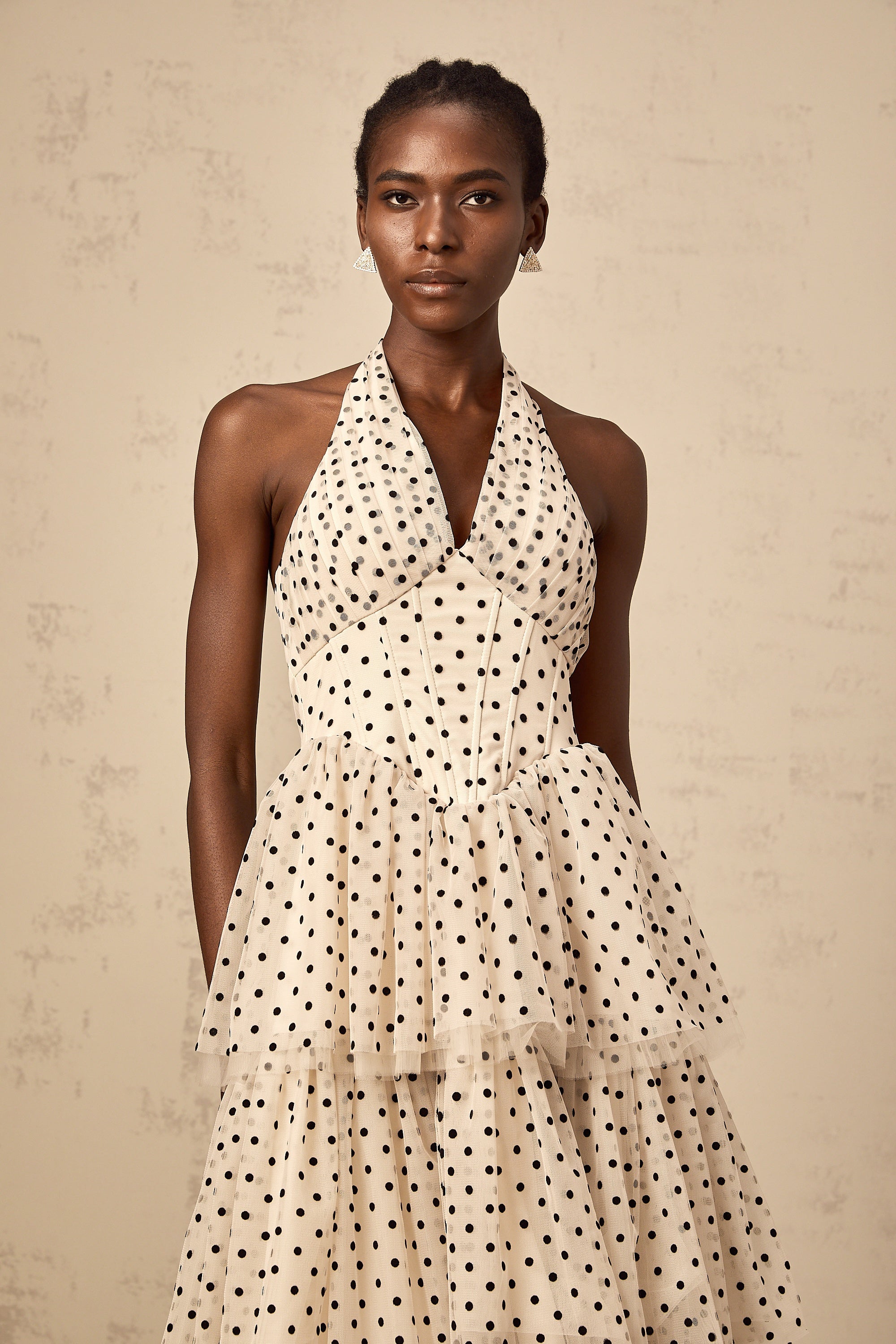 Philae ivory polka-dot tiered midi dress