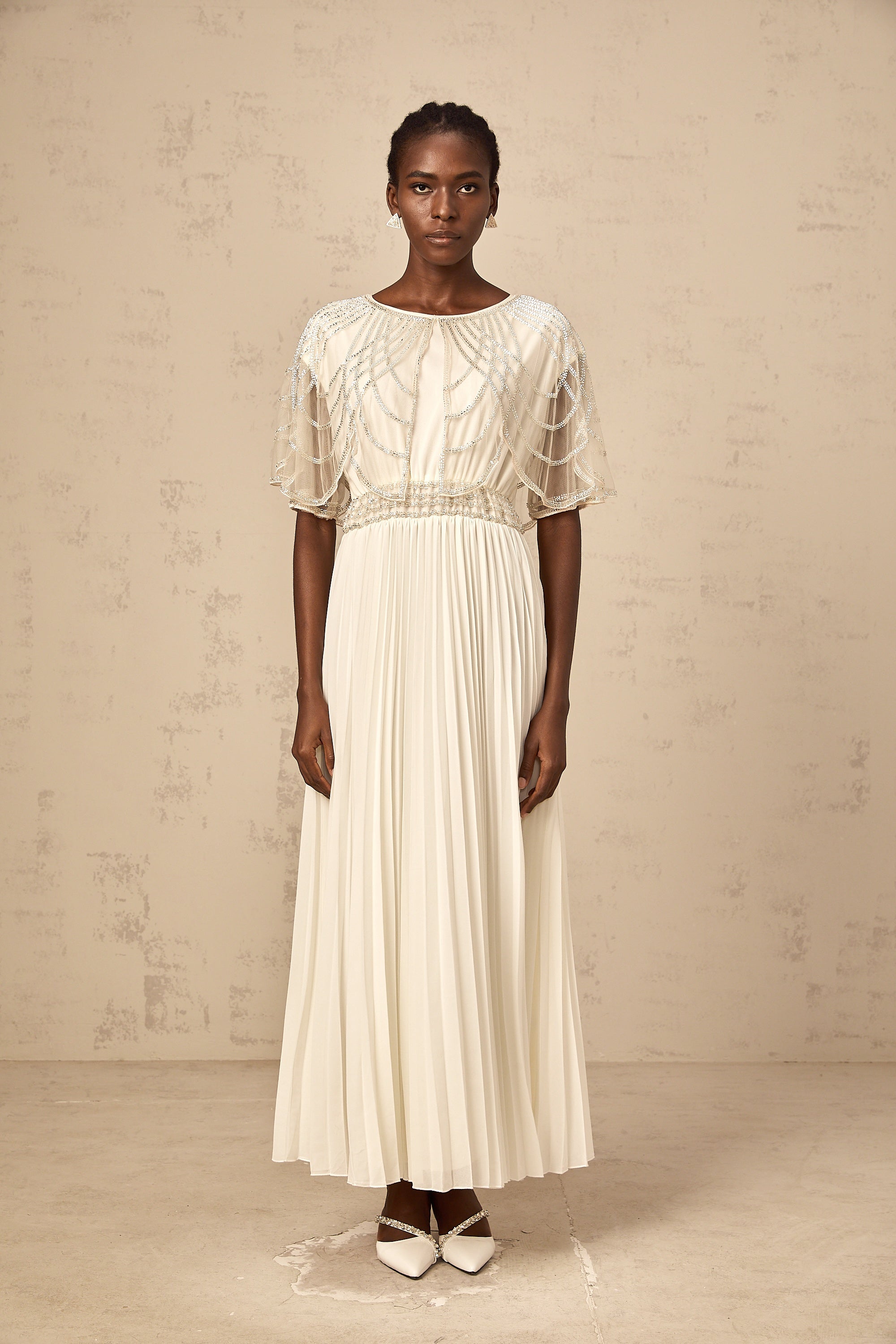 Xénia white crystal-embellished pleated maxi dress