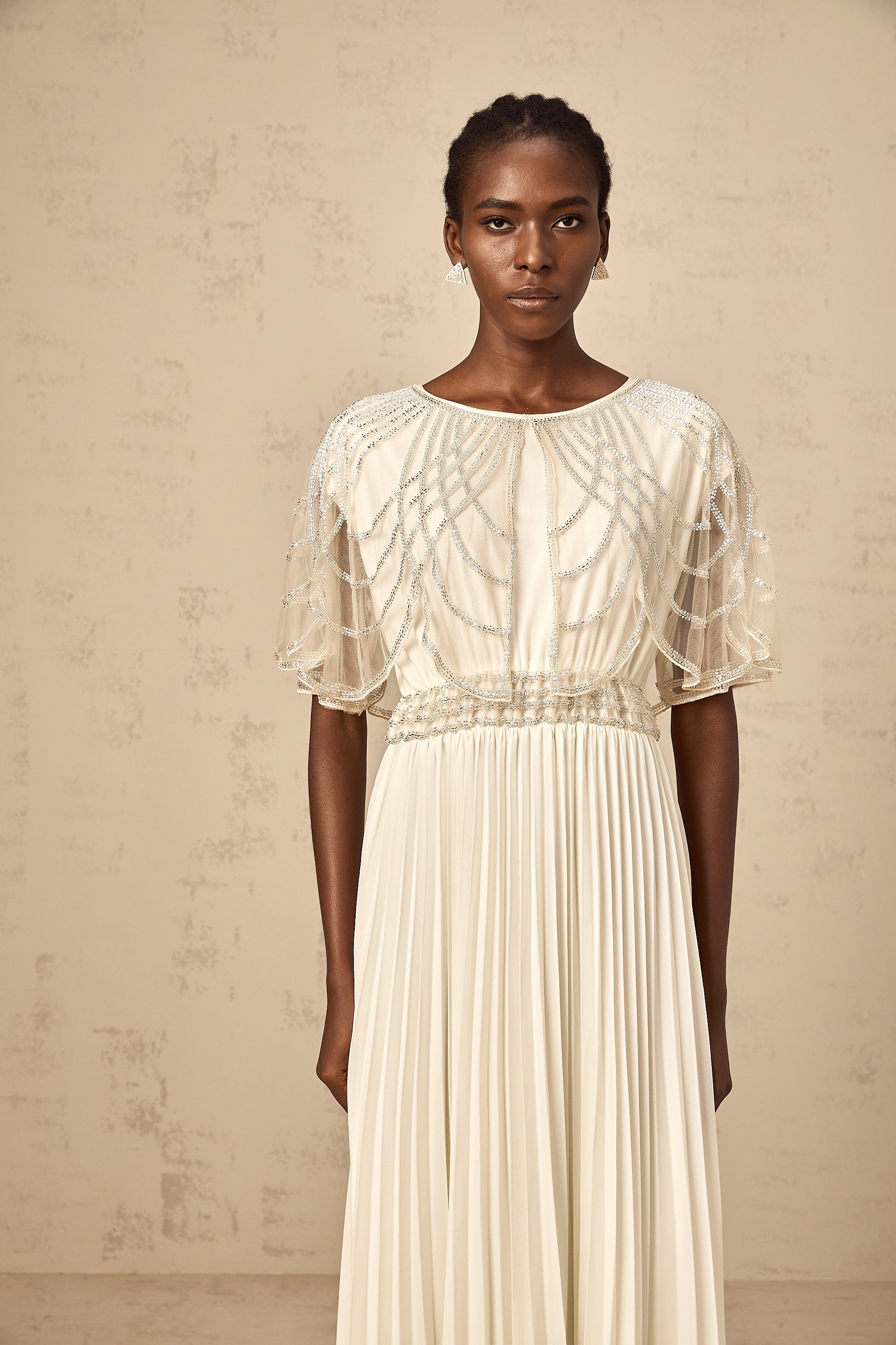 Xénia white crystal-embellished pleated maxi dress