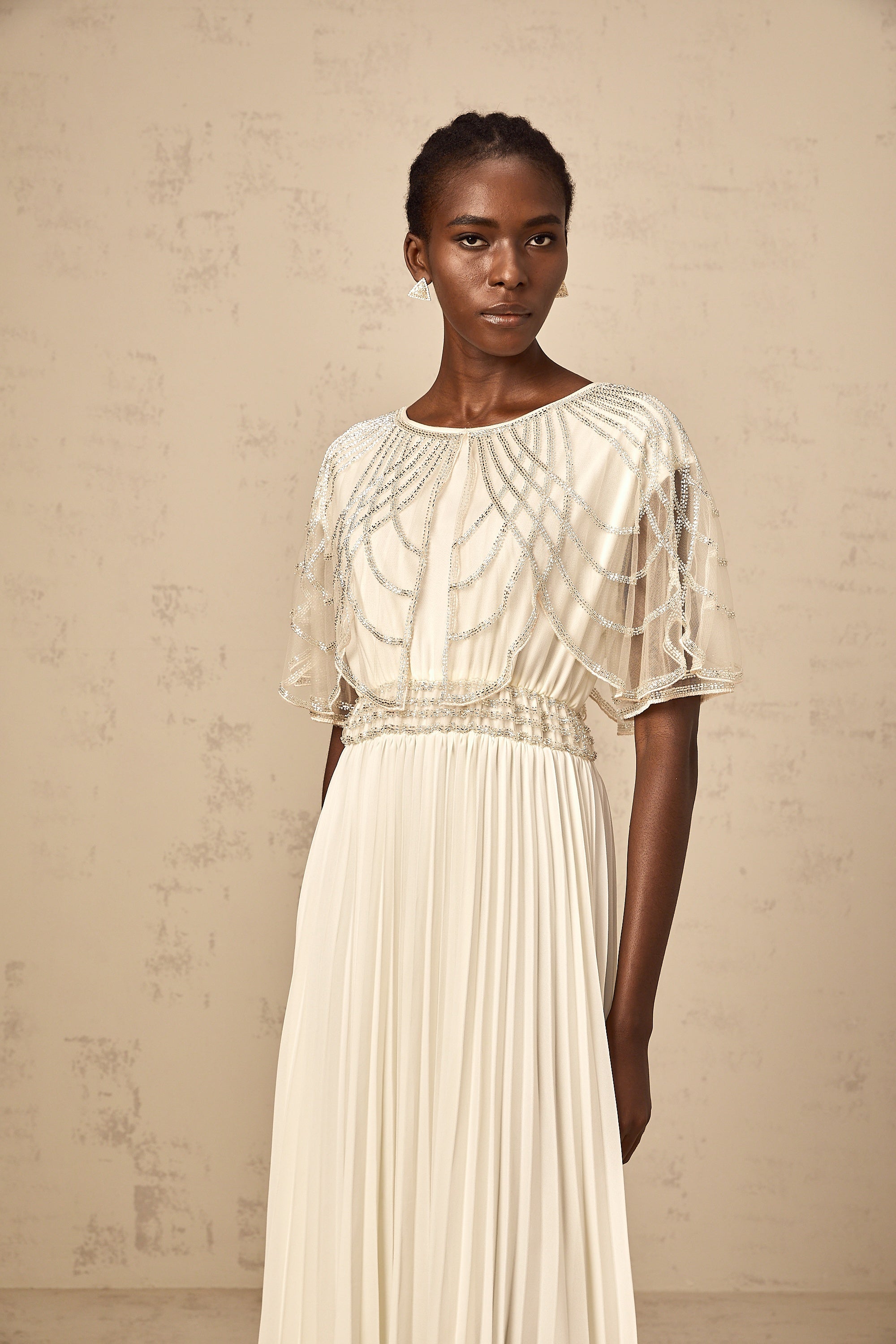Xénia white crystal-embellished pleated maxi dress