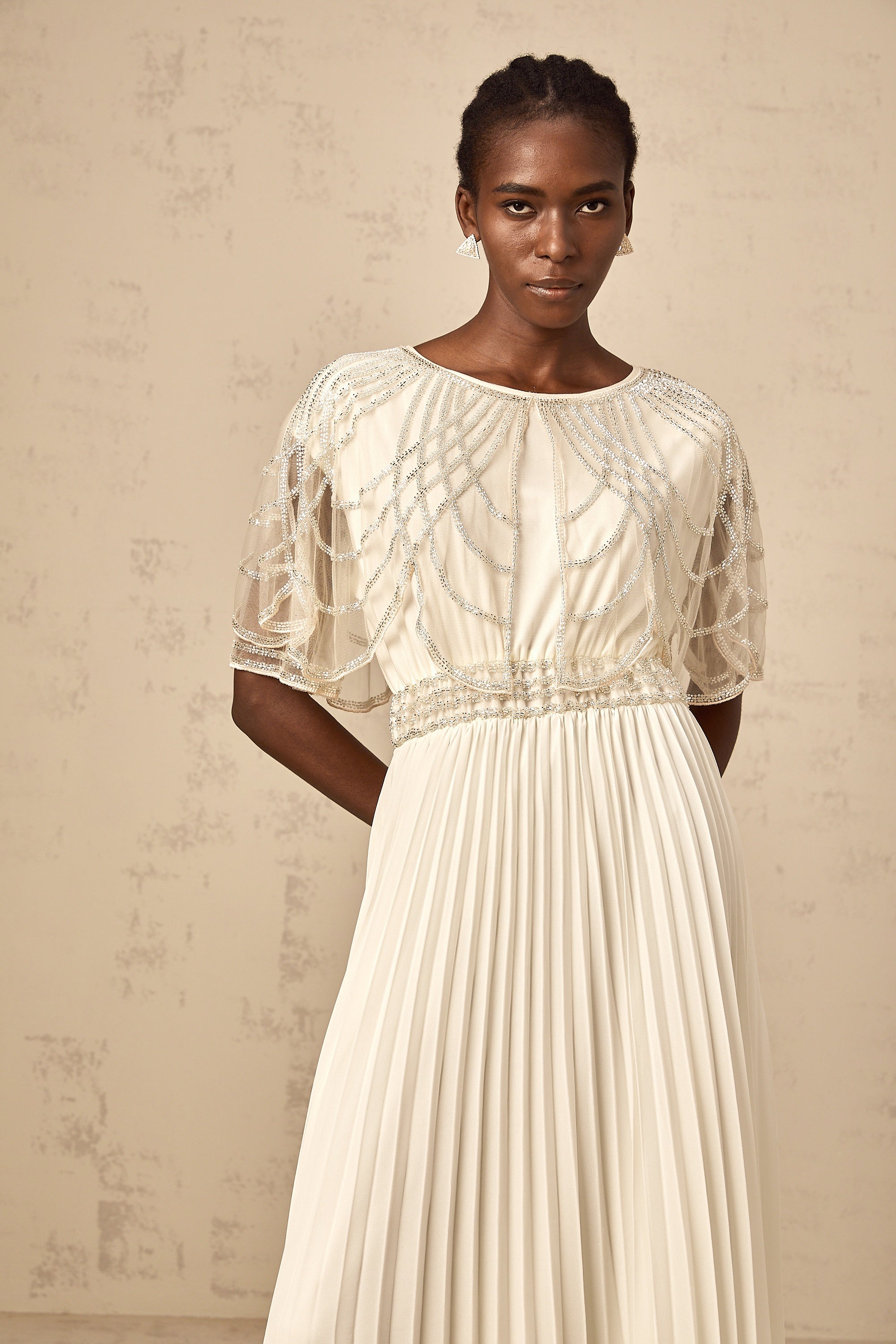 Xénia white crystal-embellished pleated maxi dress