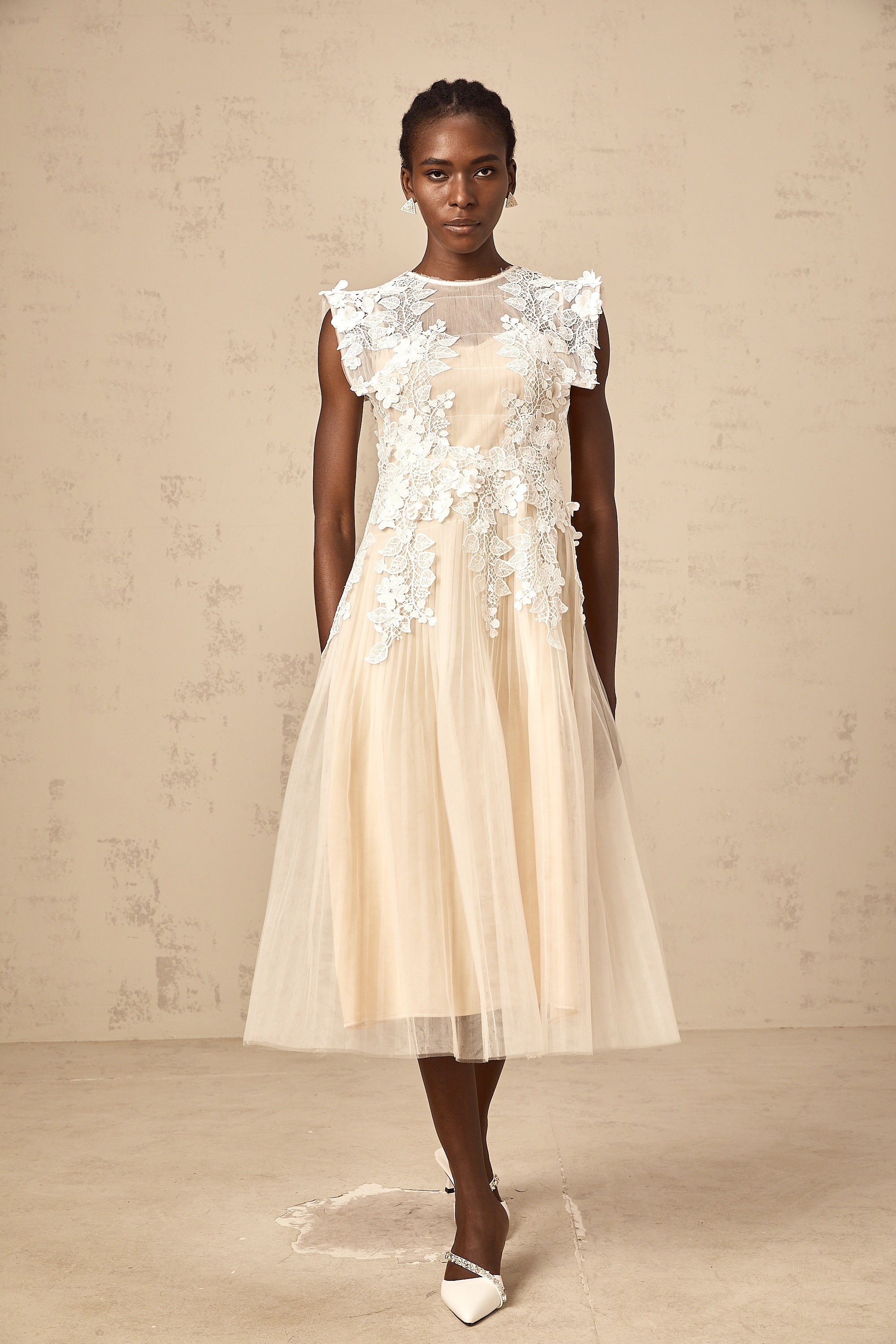 Annabelle flower-appliqué tulle midi dress