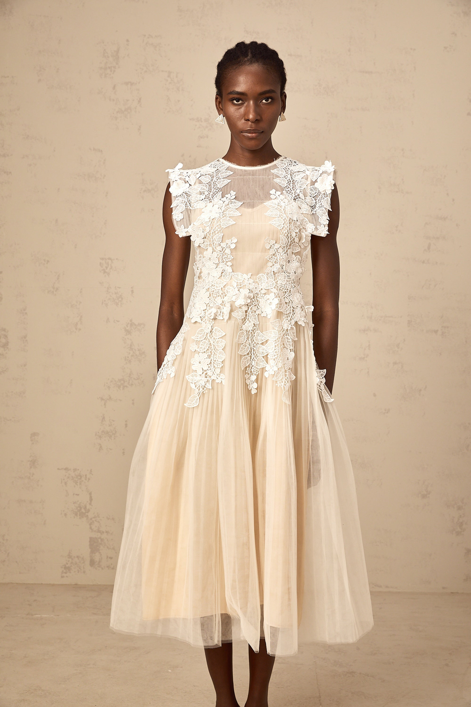 Annabelle flower-appliqué tulle midi dress
