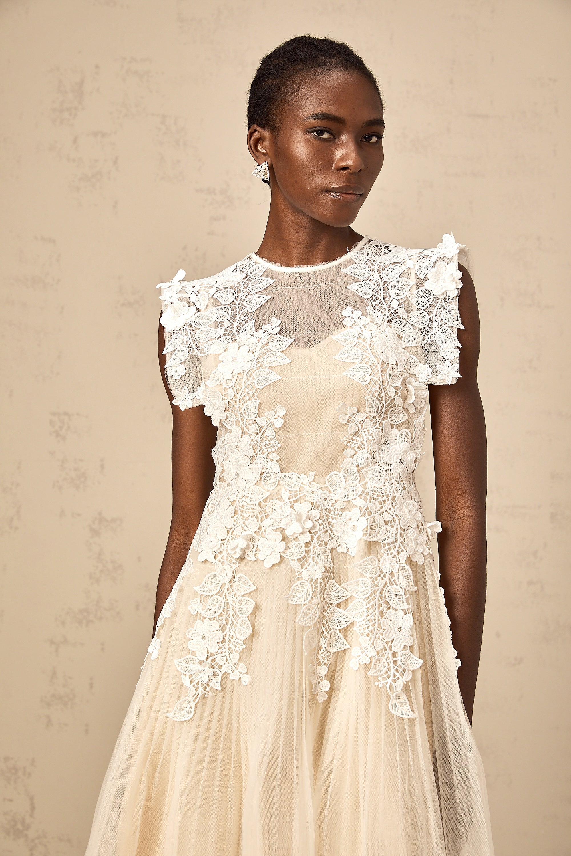 Annabelle flower-appliqué tulle midi dress