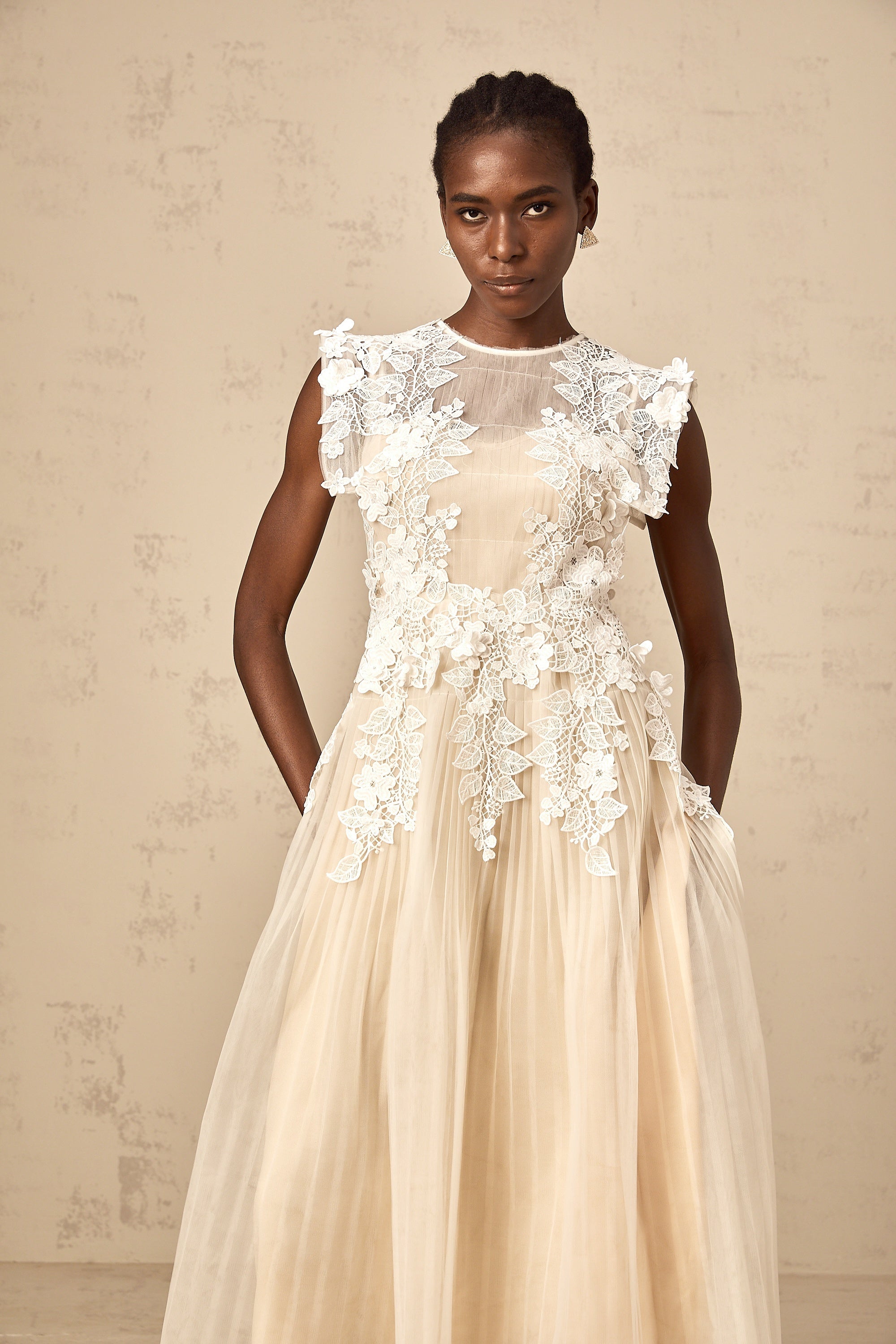 Annabelle flower-appliqué tulle midi dress