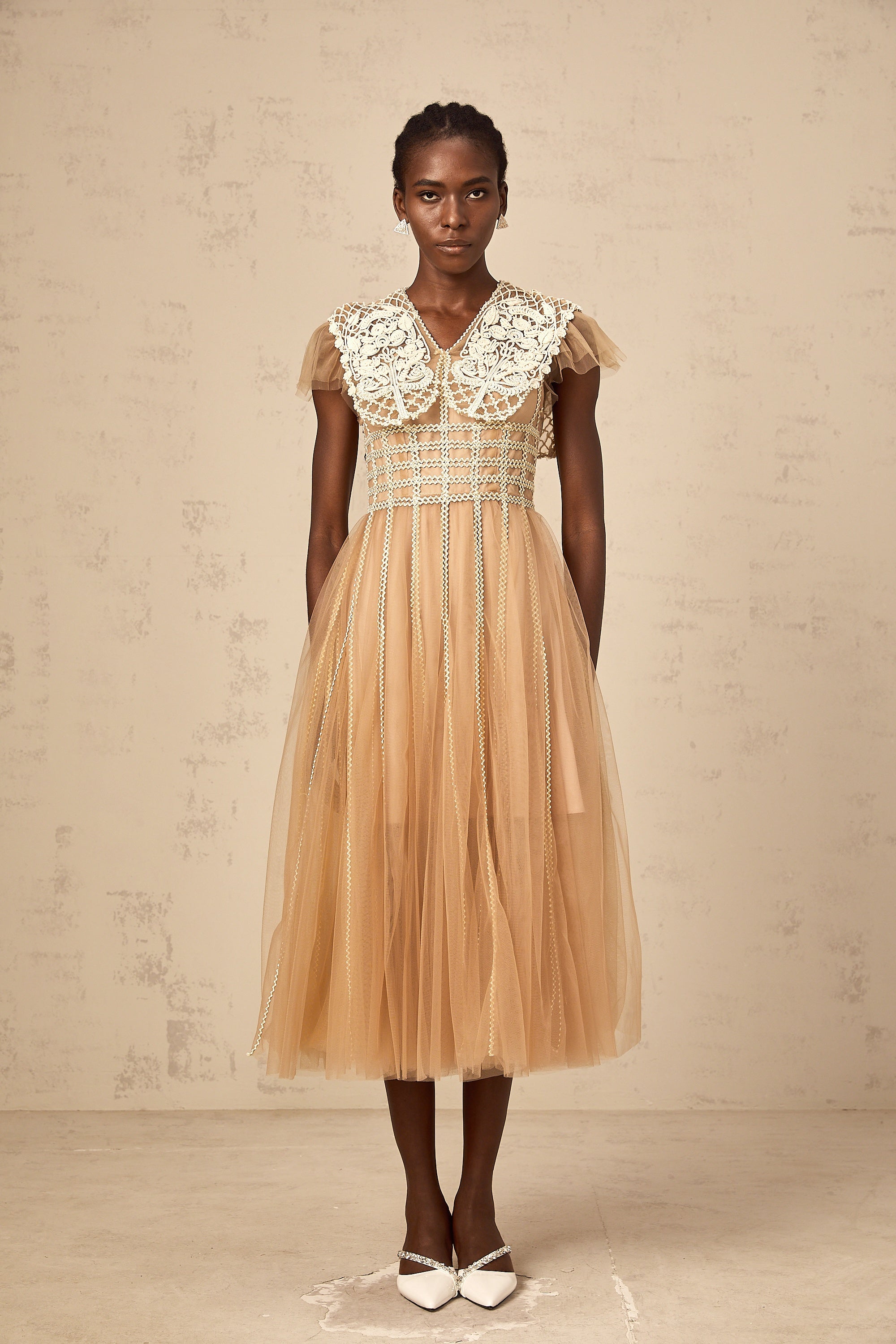 Léonor neutrals lace-panel tulle midi dress
