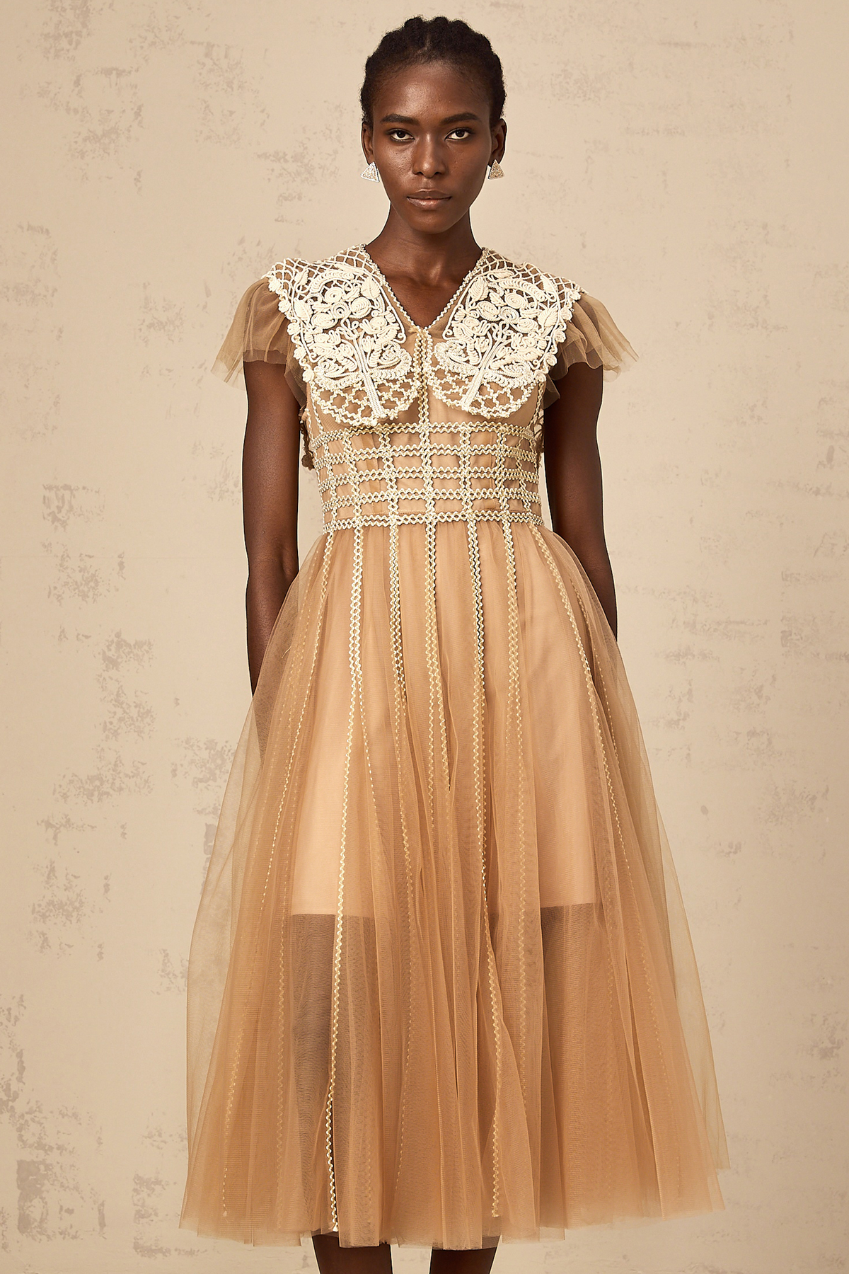 Léonor neutrals lace-panel tulle midi dress