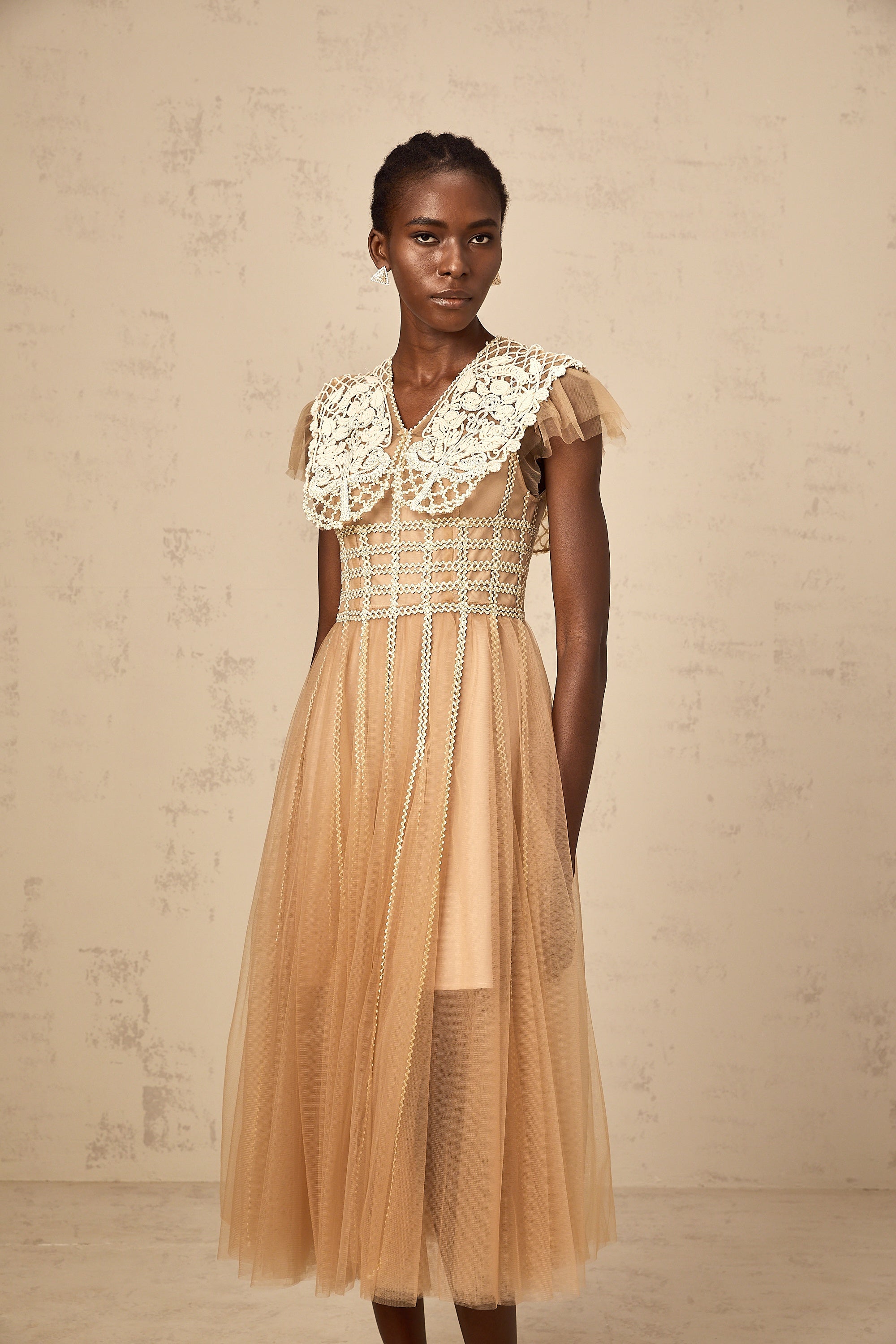 Léonor neutrals lace-panel tulle midi dress