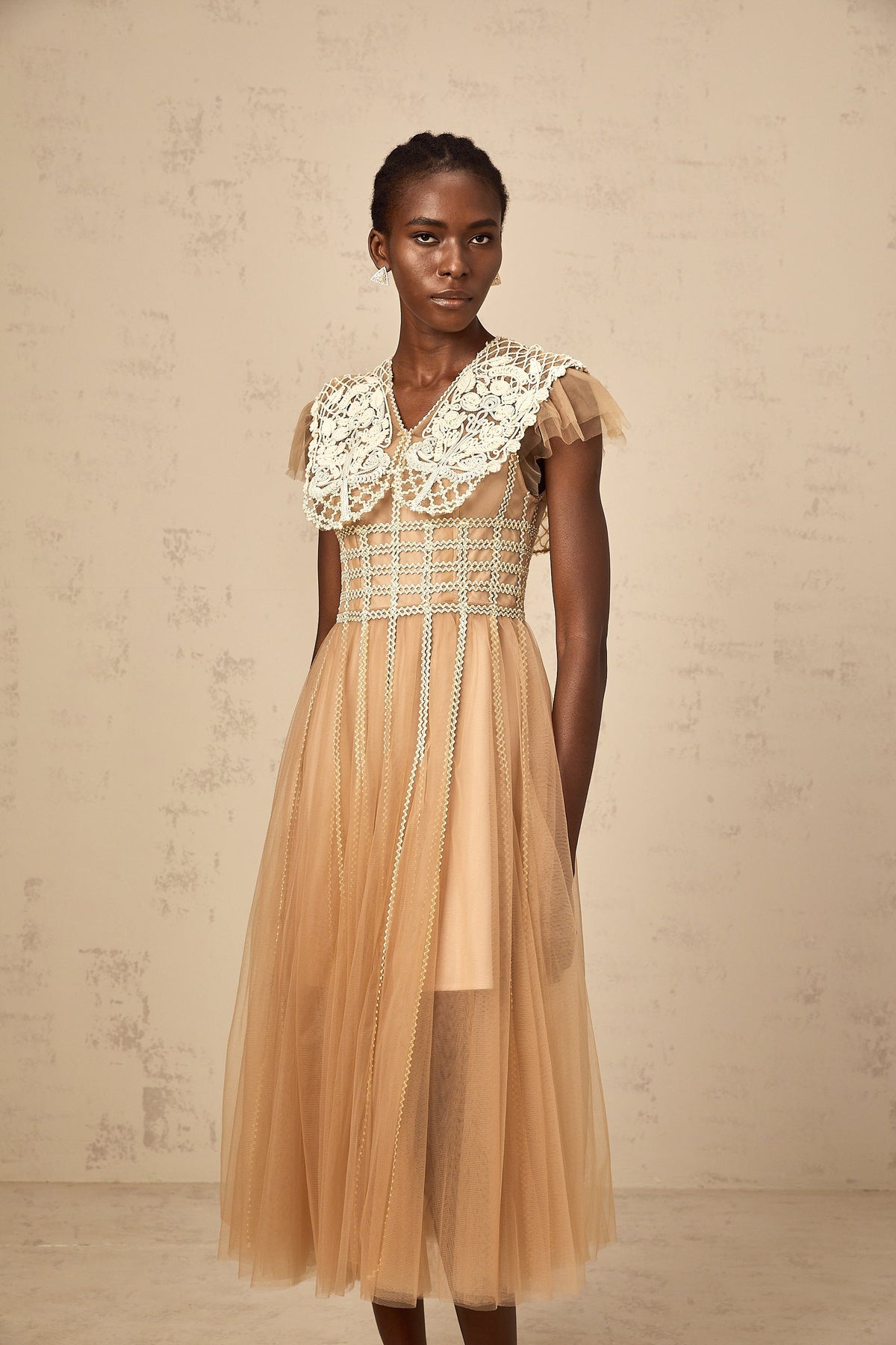 Léonor neutrals lace-panel tulle midi dress