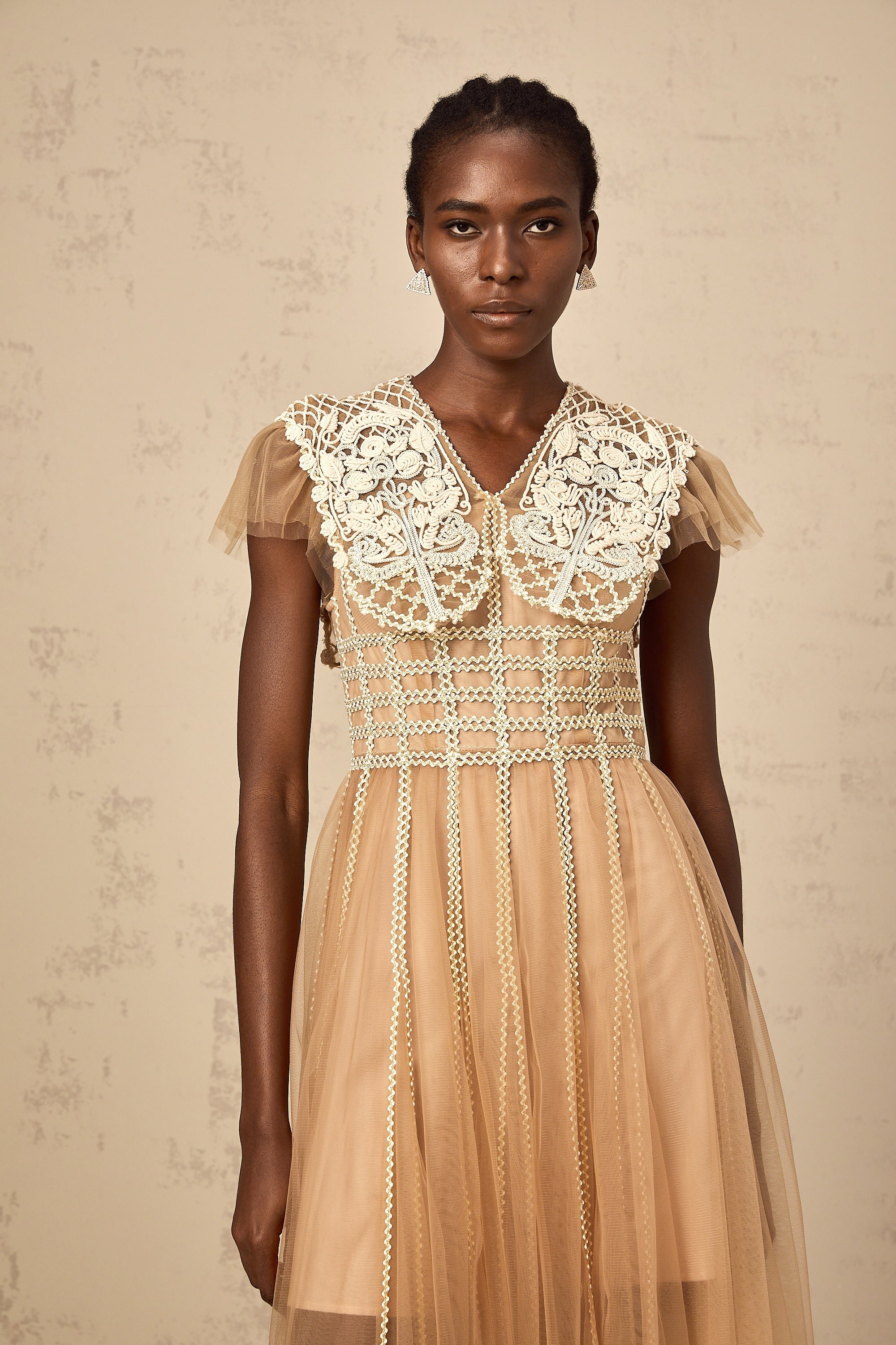Léonor neutrals lace-panel tulle midi dress