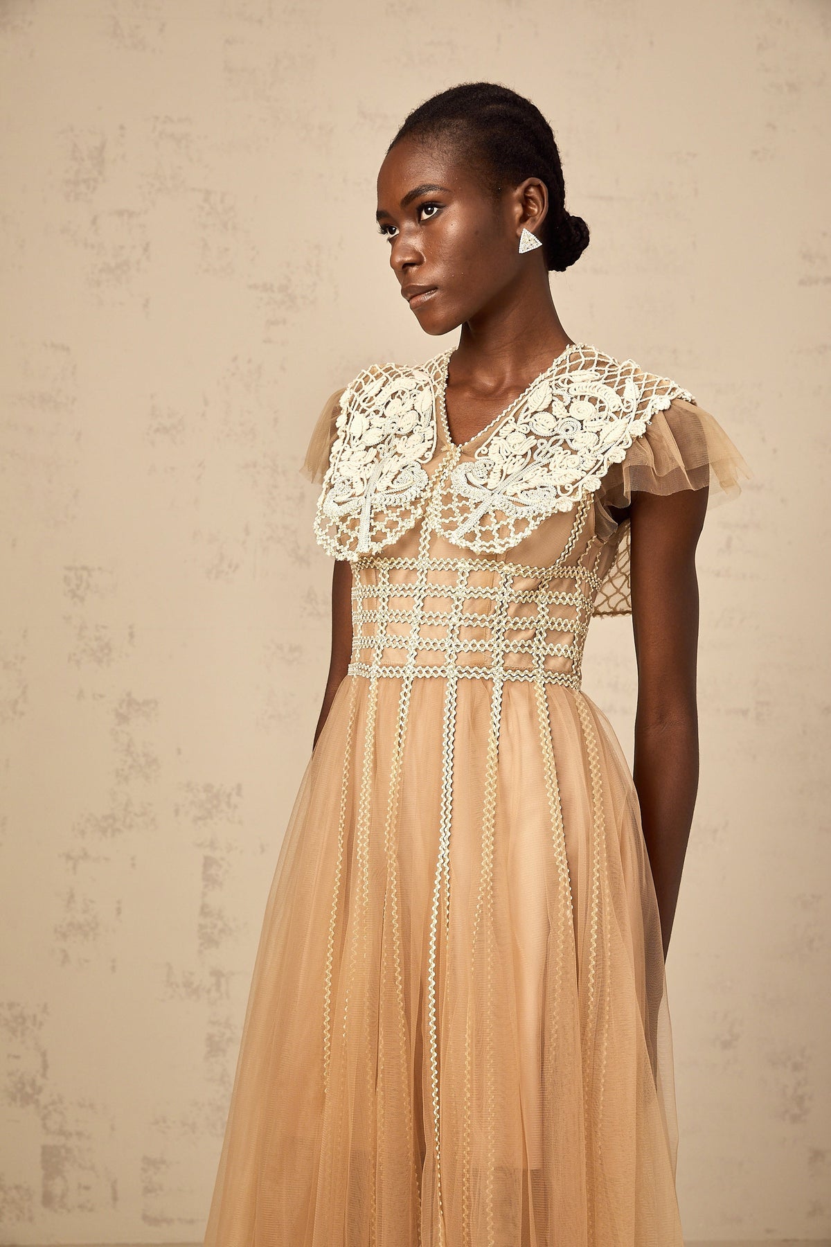 Léonor neutrals lace-panel tulle midi dress