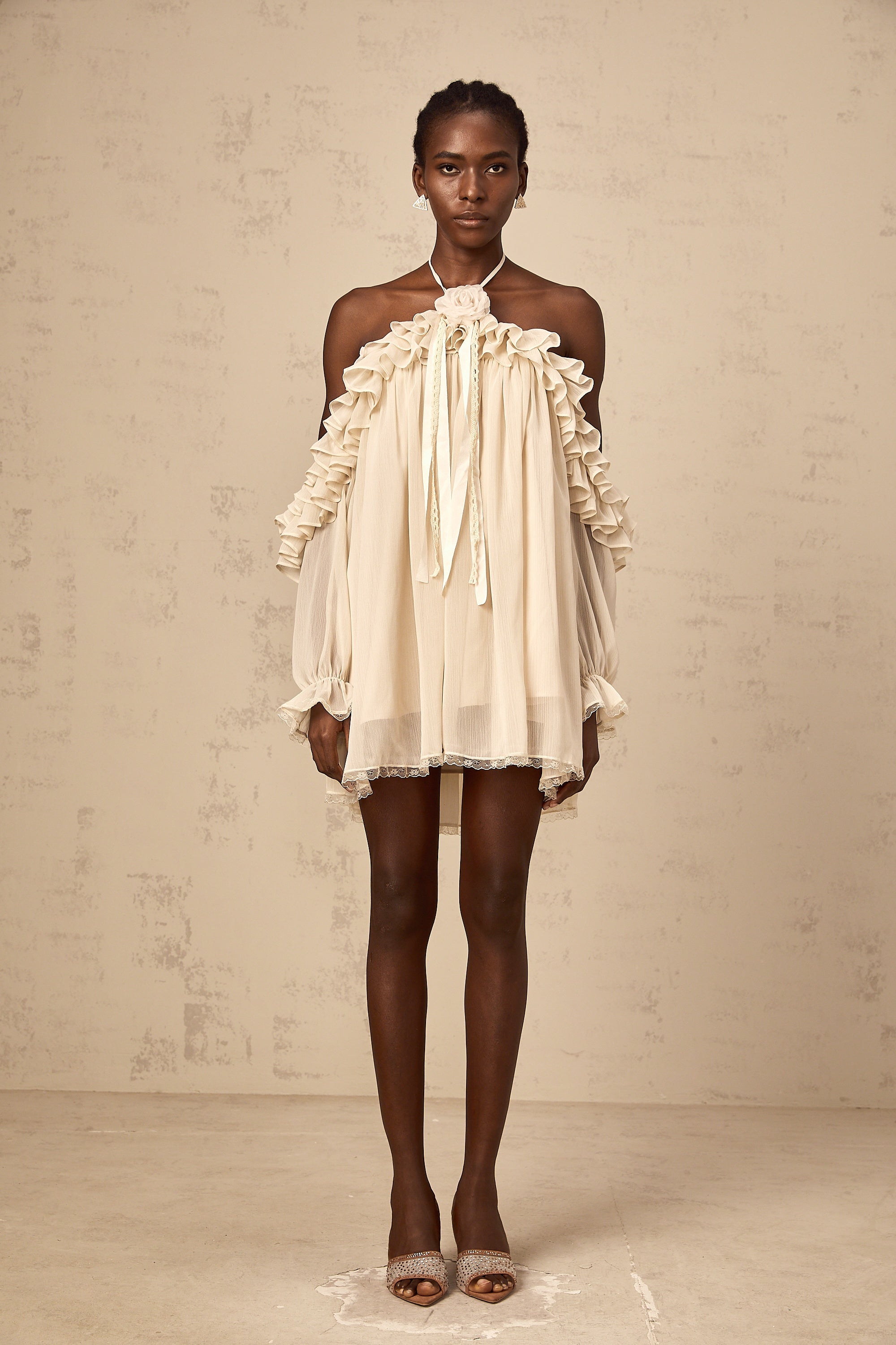 Cosette neutrals floral-appliqué ruffled mini dress