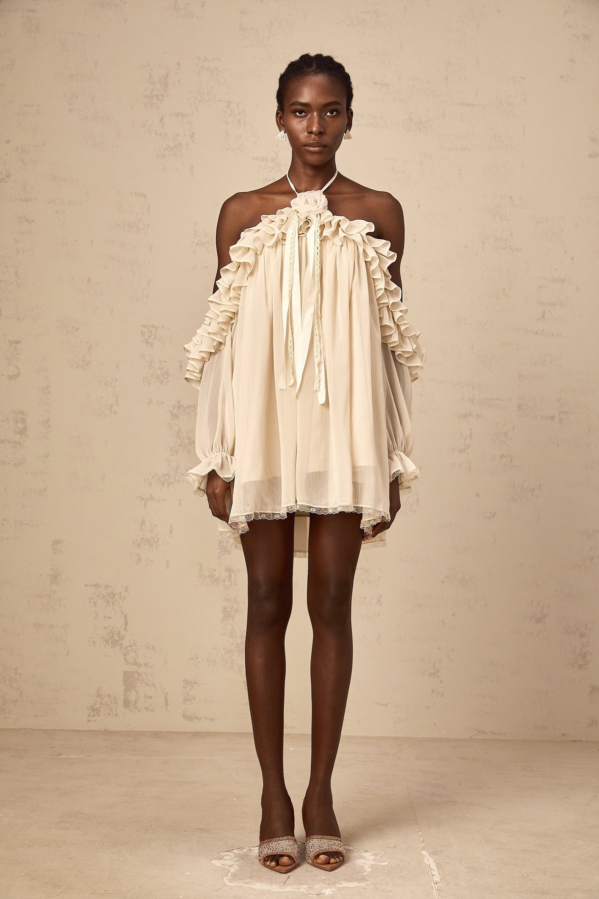 Cosette neutrals floral-appliqué ruffled mini dress