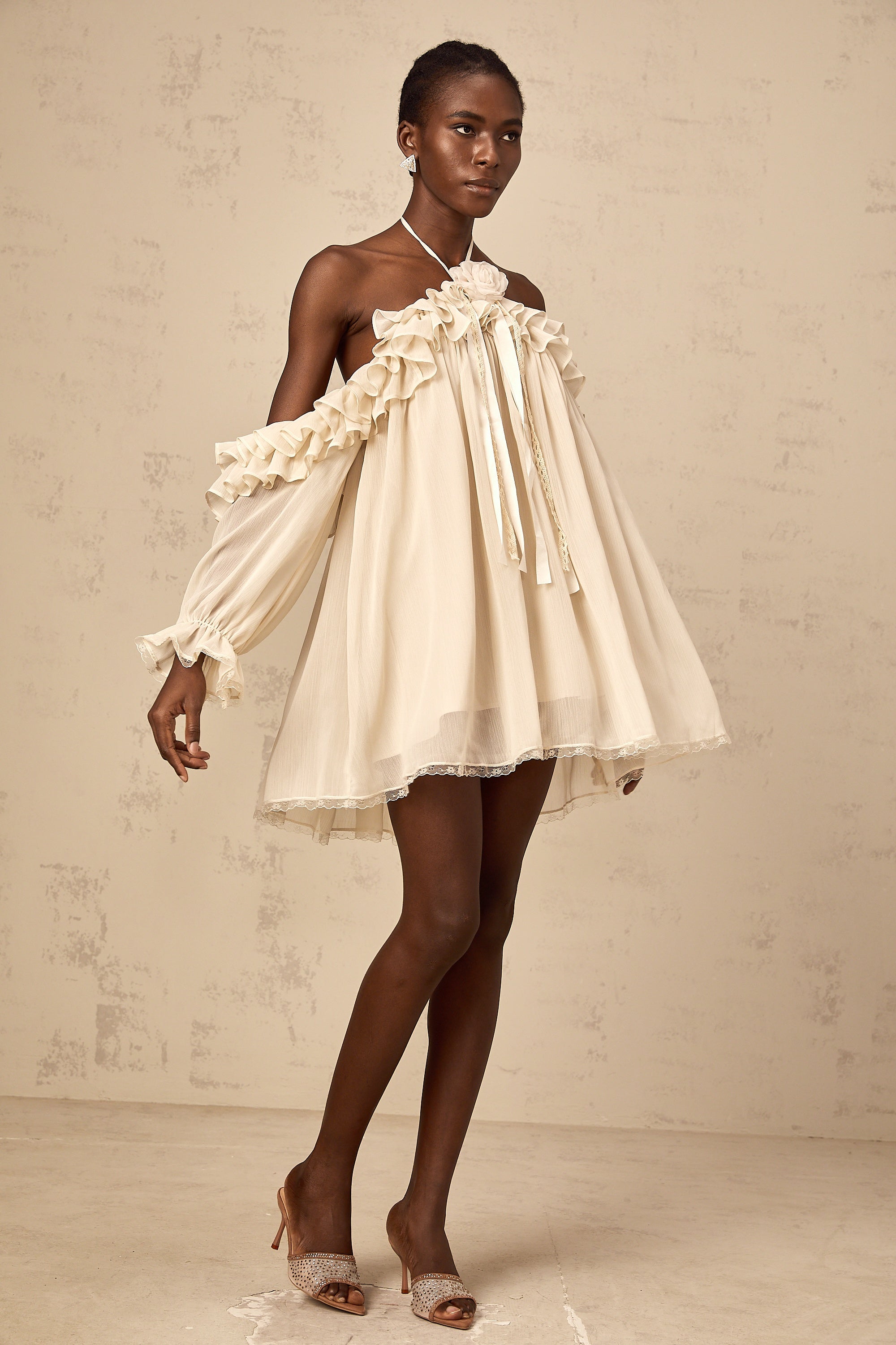 Cosette neutrals floral-appliqué ruffled mini dress