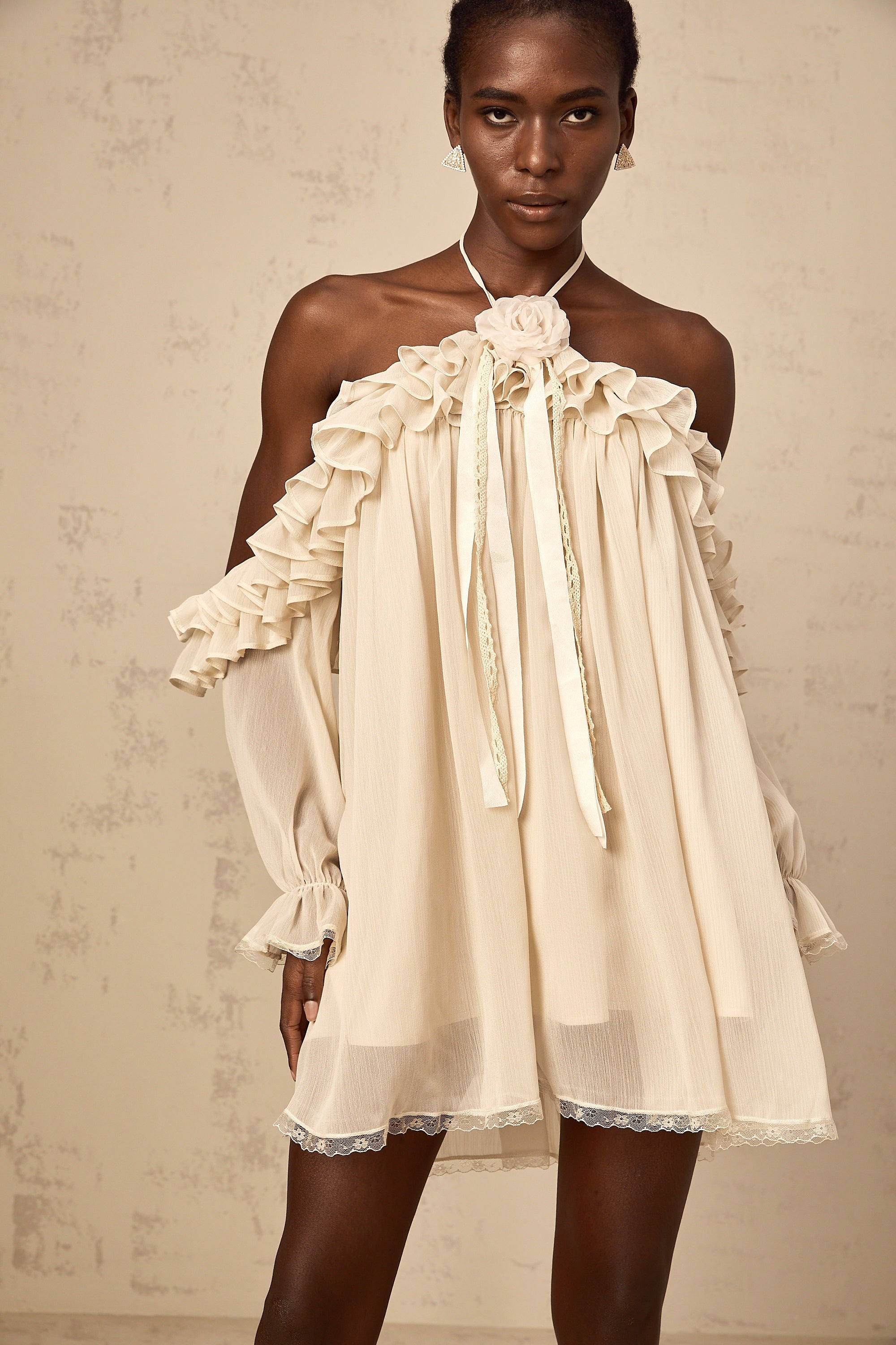 Cosette neutrals floral-appliqué ruffled mini dress