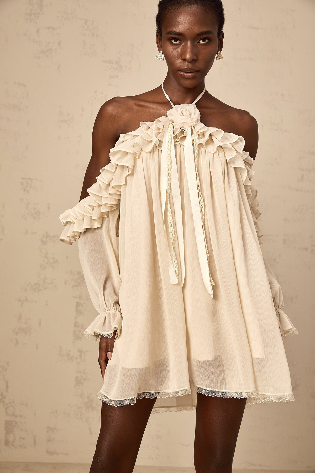Cosette neutrals floral-appliqué ruffled mini dress