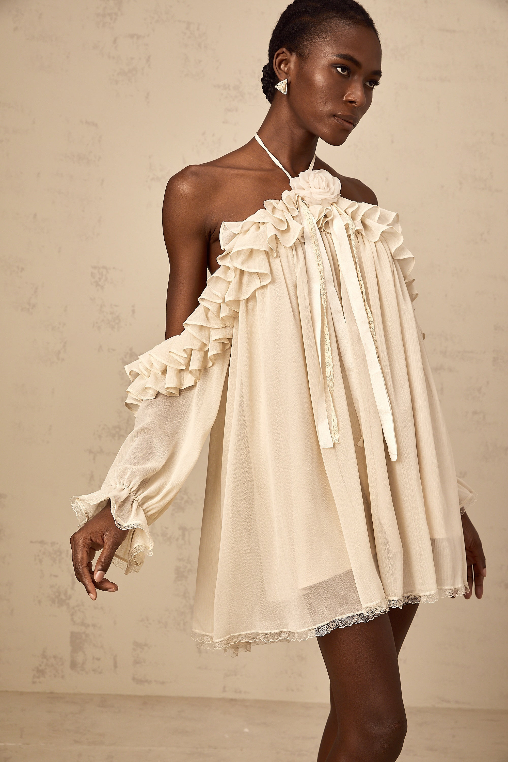 Cosette neutrals floral-appliqué ruffled mini dress