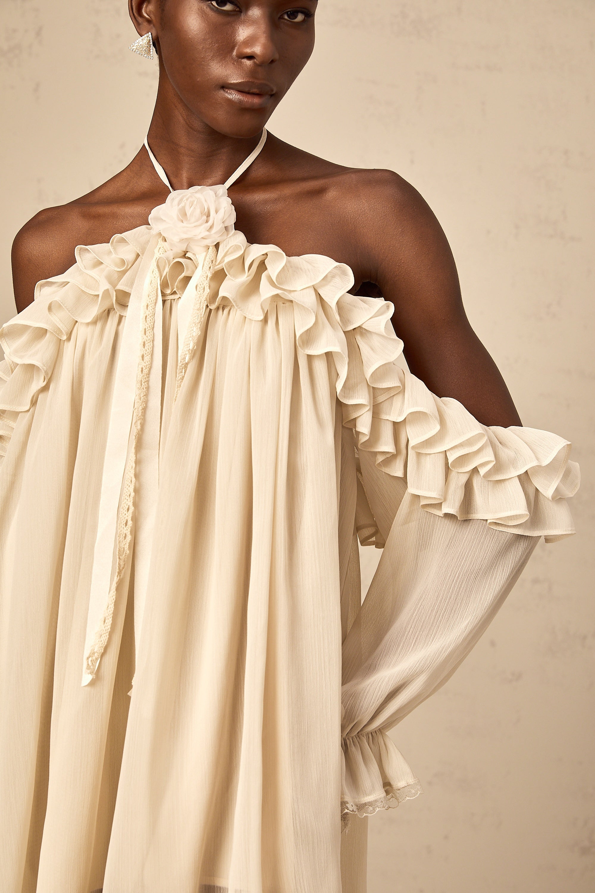 Cosette neutrals floral-appliqué ruffled mini dress