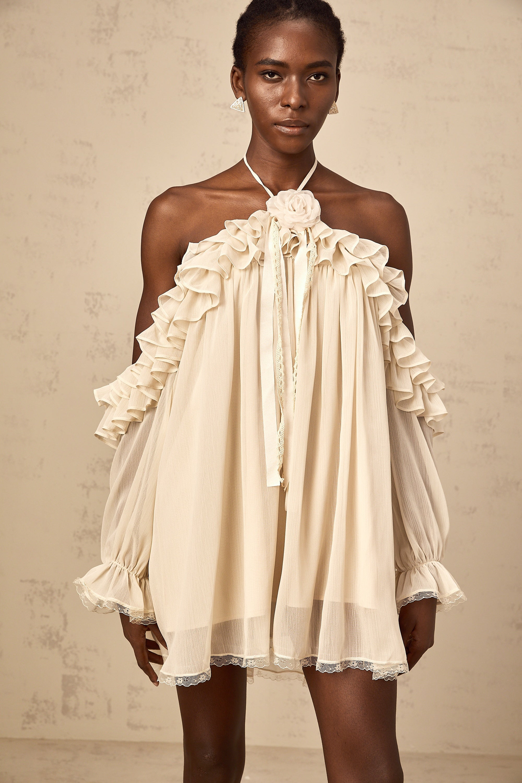Cosette neutrals floral-appliqué ruffled mini dress