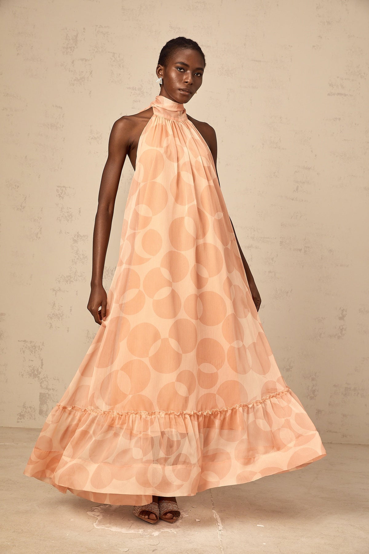 Clémence coral-pink halterneck pattern-print maxi dress