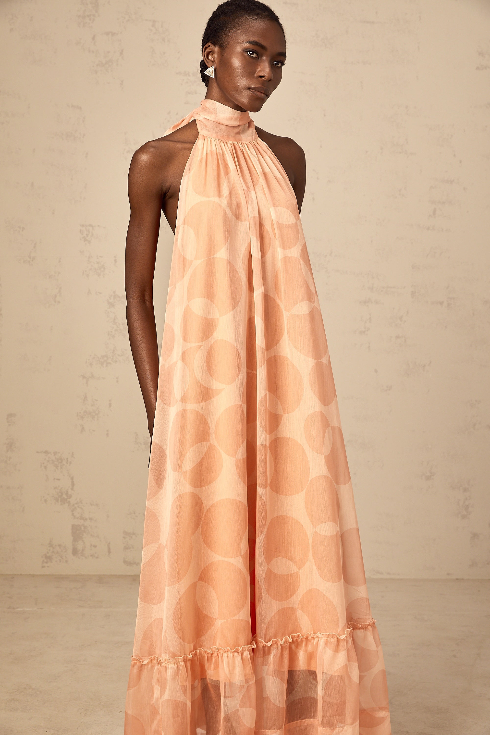 Clémence coral-pink halterneck pattern-print maxi dress