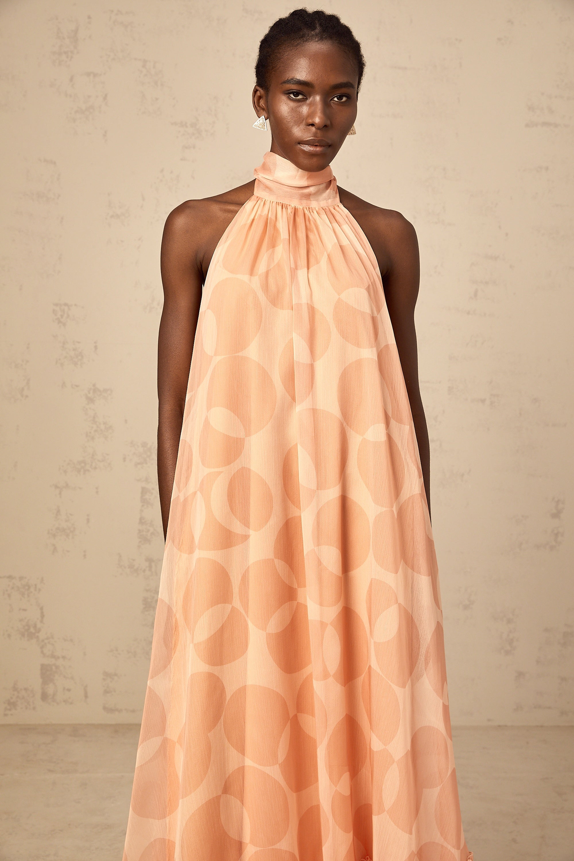 Clémence coral-pink halterneck pattern-print maxi dress