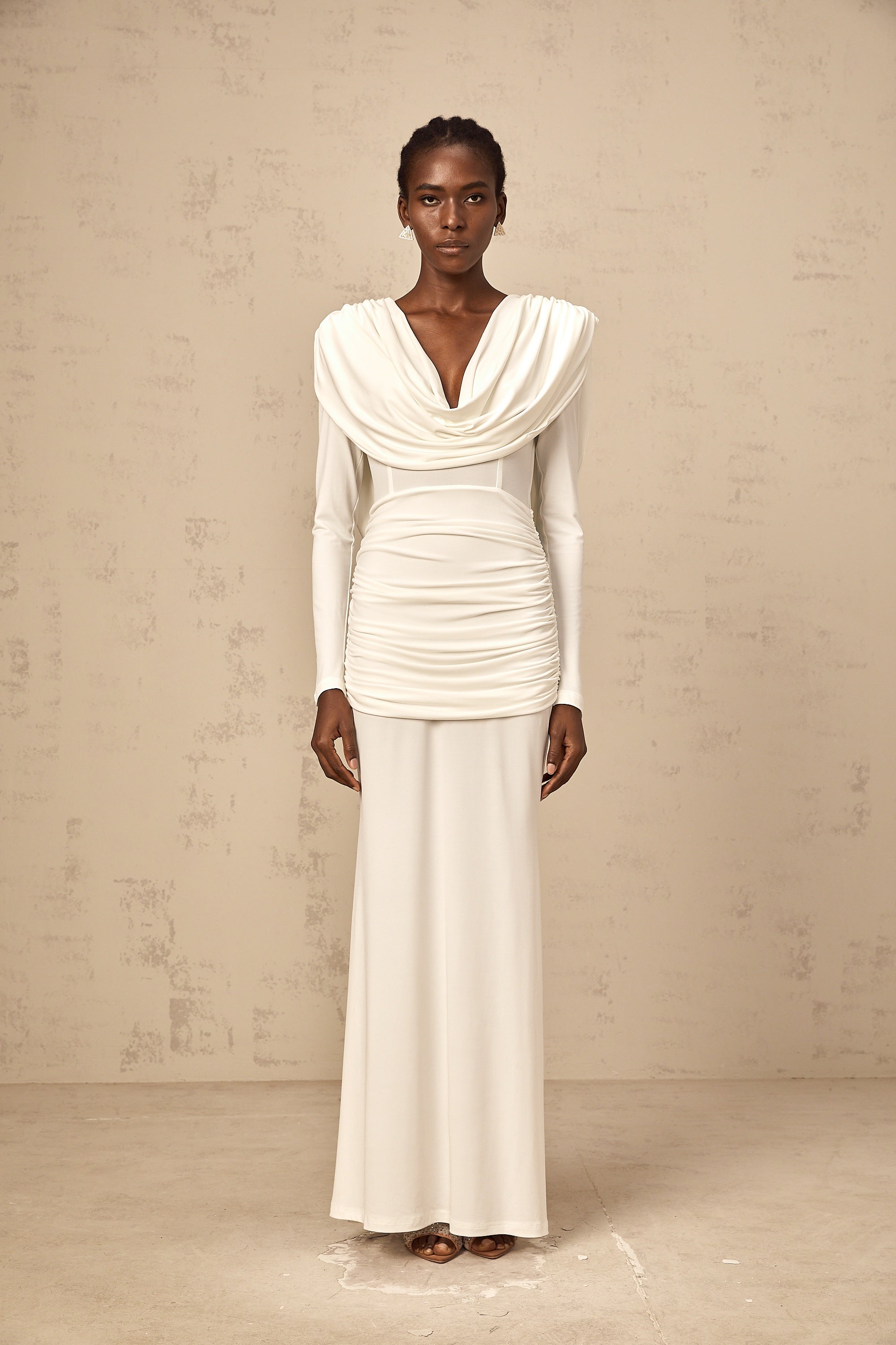 Wanda white ruched fitted maxi dress