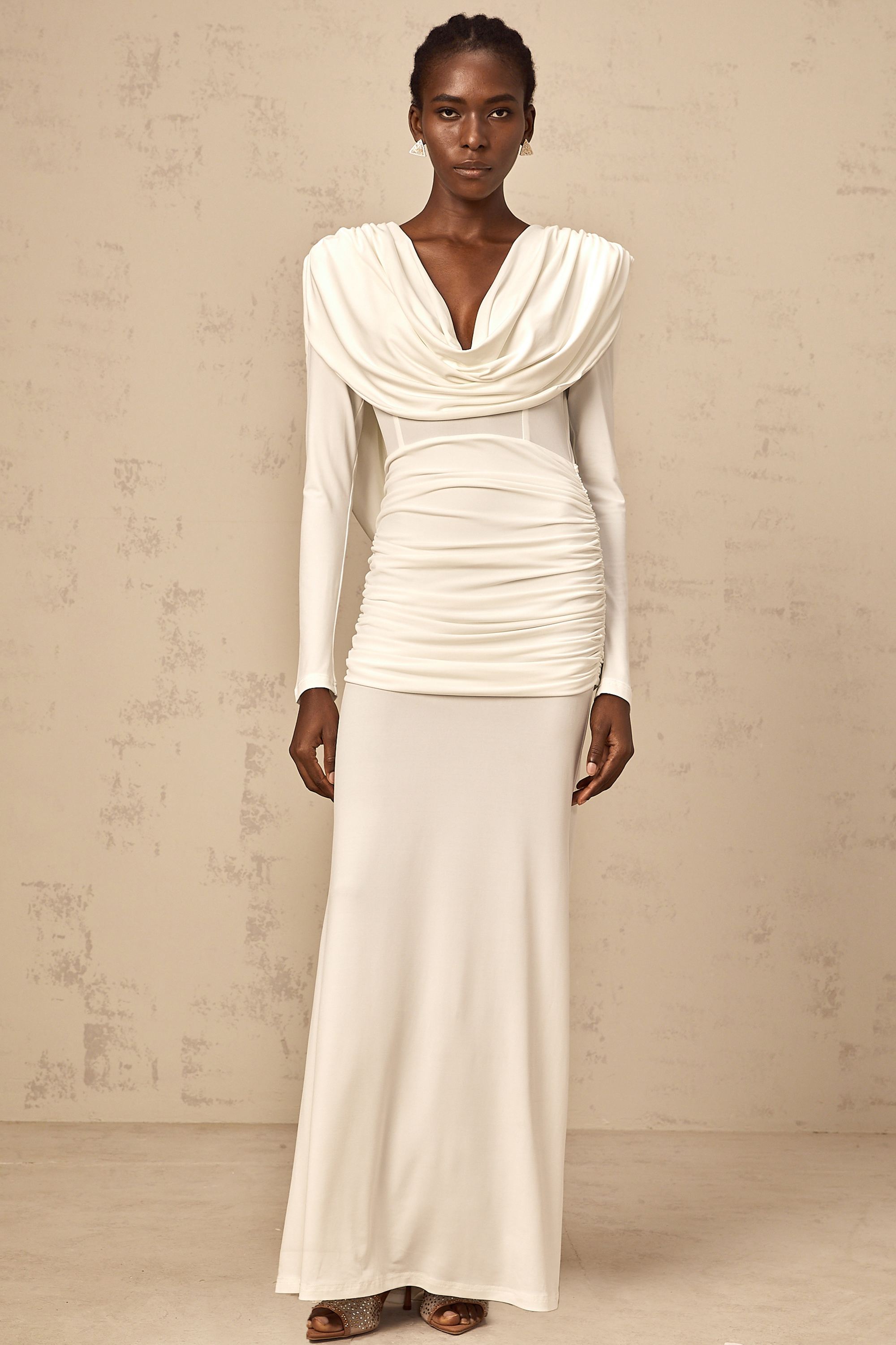 Wanda white ruched fitted maxi dress (Final Sale)