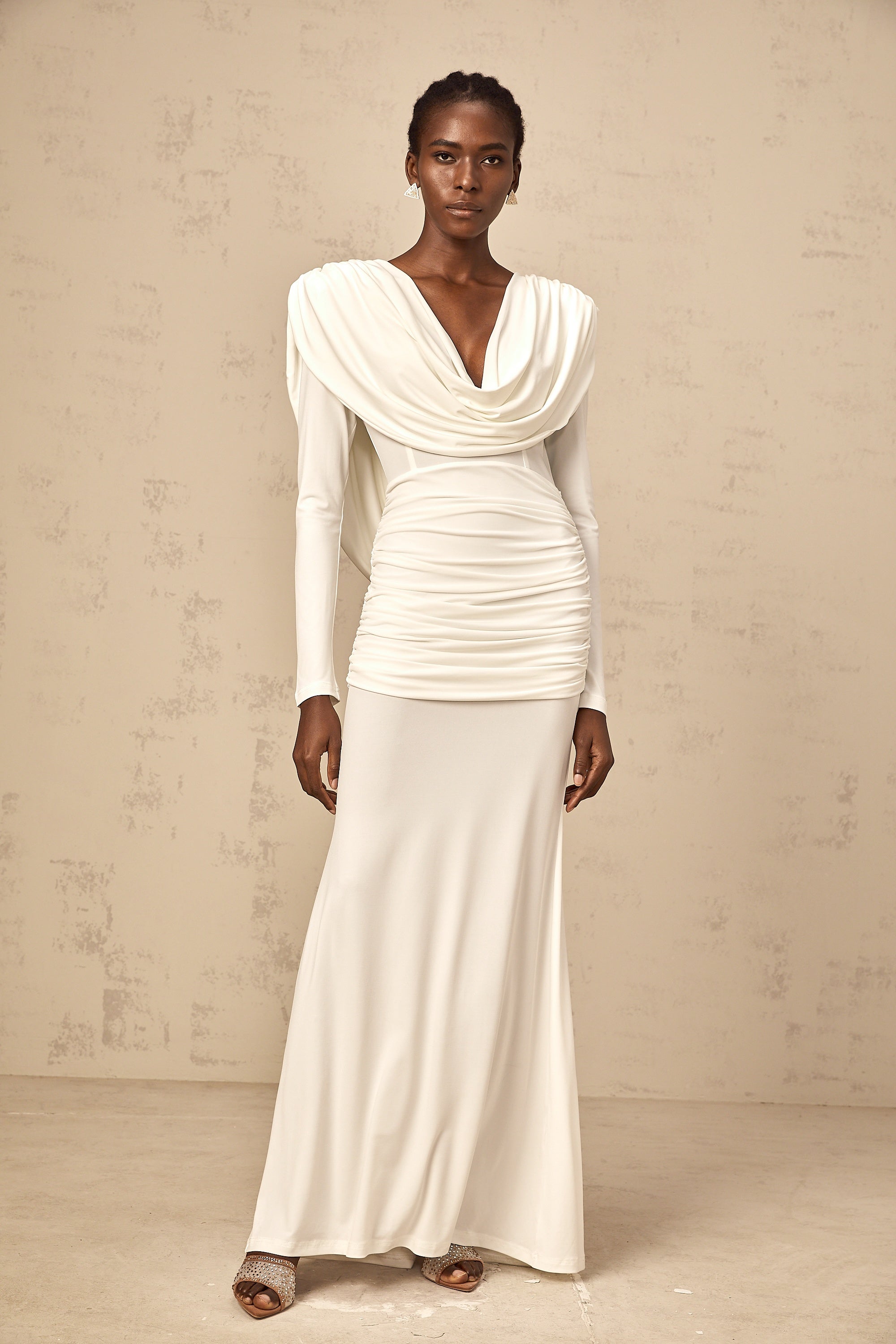 Wanda white ruched fitted maxi dress