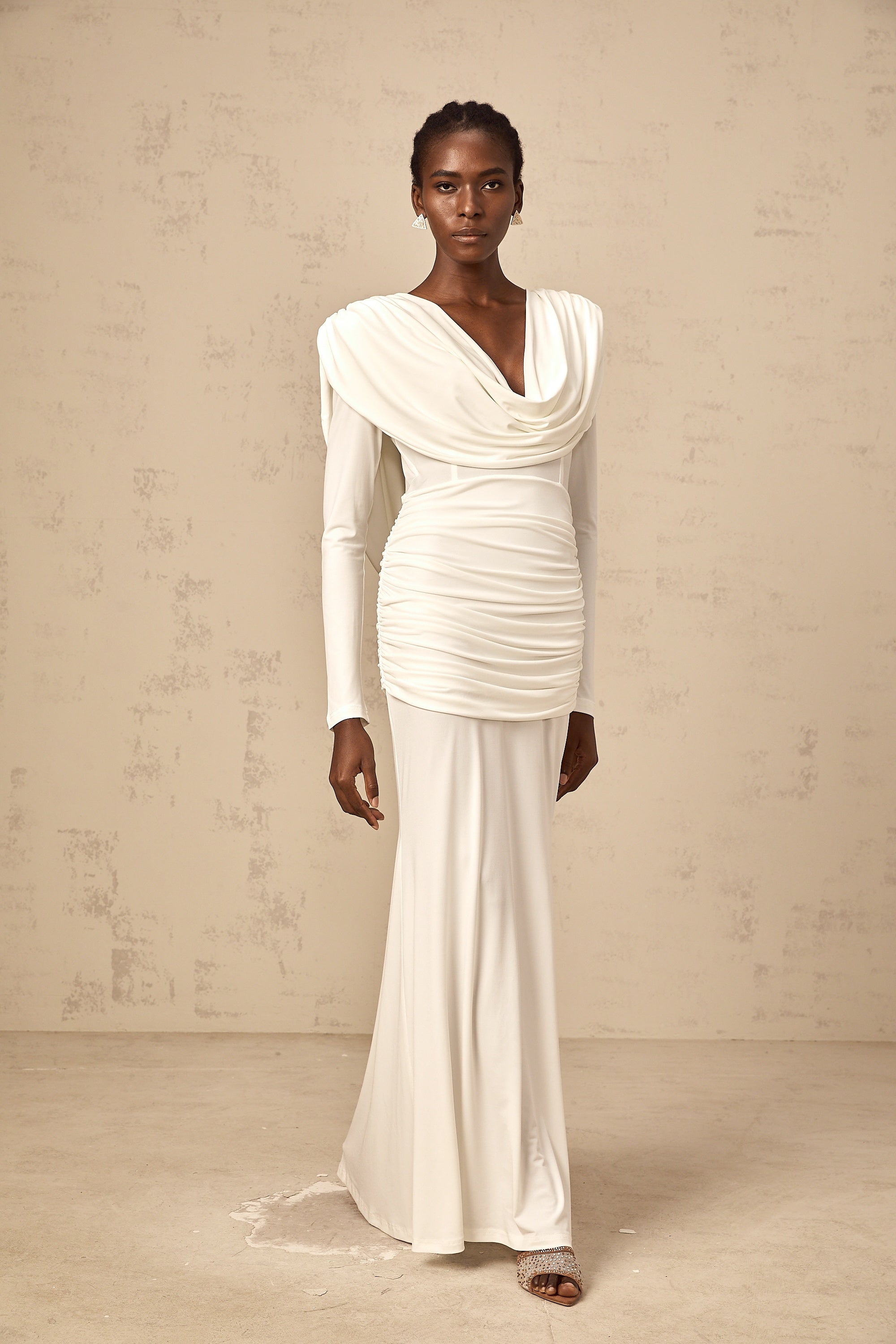 Wanda white ruched fitted maxi dress