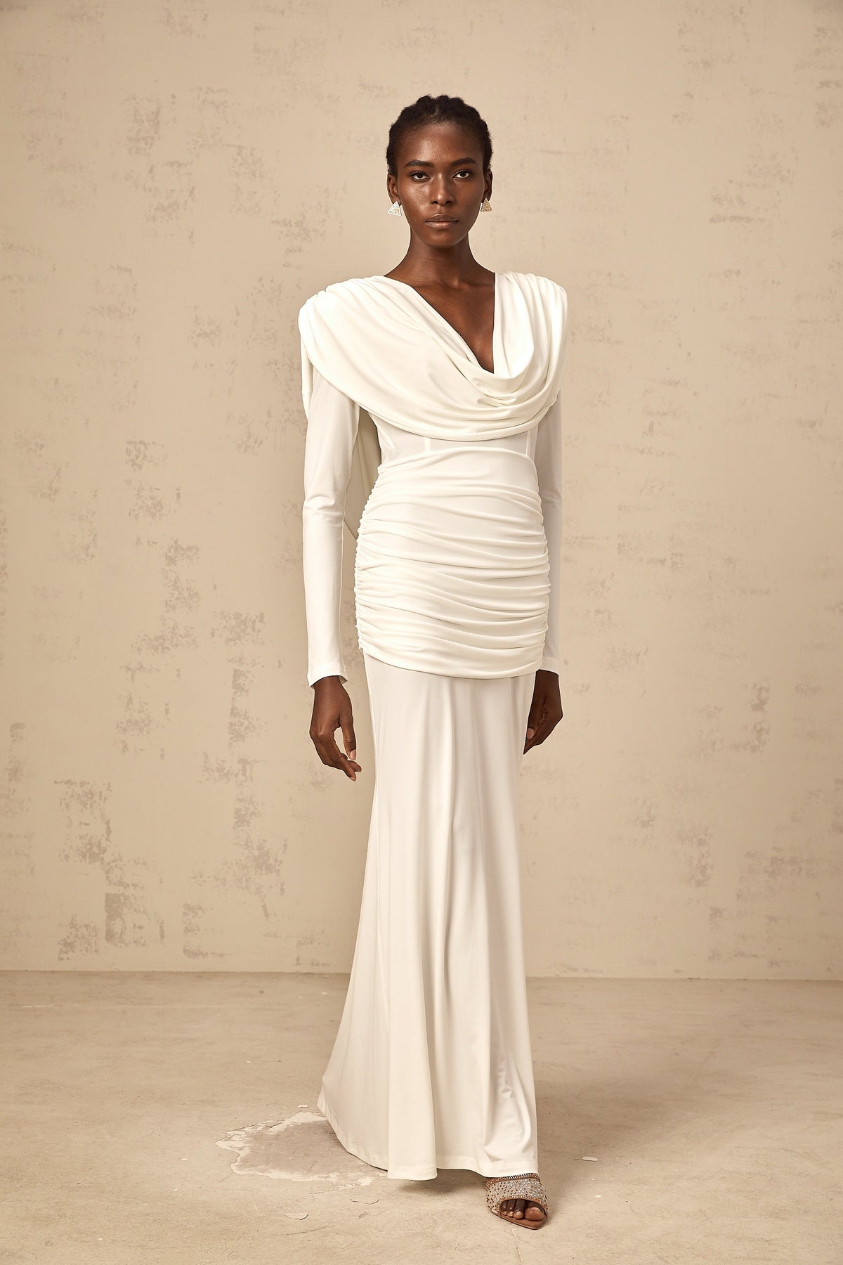 Wanda white ruched fitted maxi dress (Final Sale)