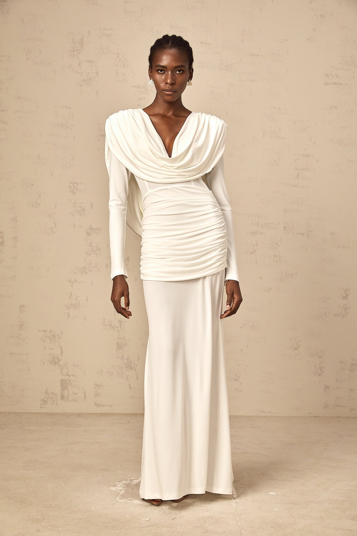 Wanda white ruched fitted maxi dress (Final Sale)