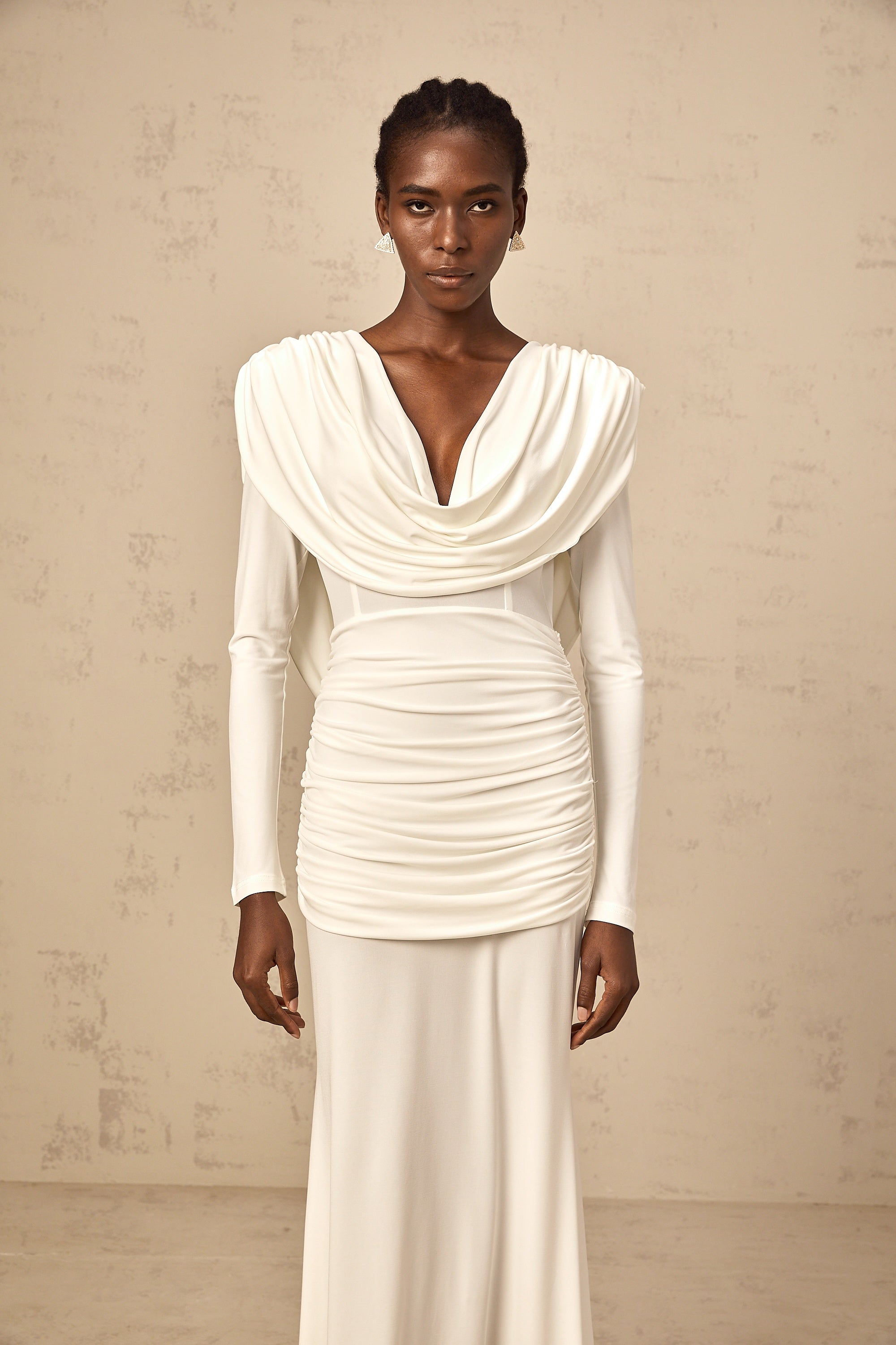 Wanda white ruched fitted maxi dress