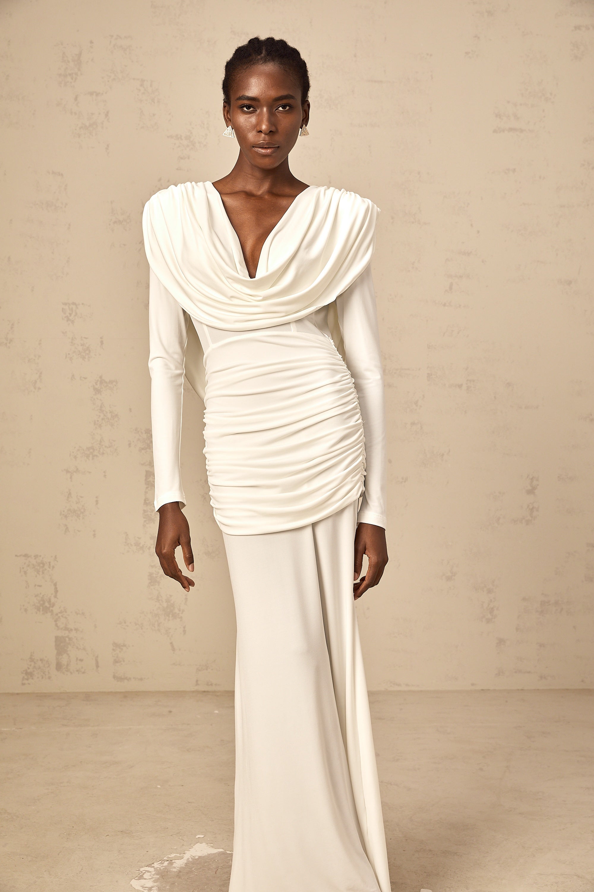 Wanda white ruched fitted maxi dress