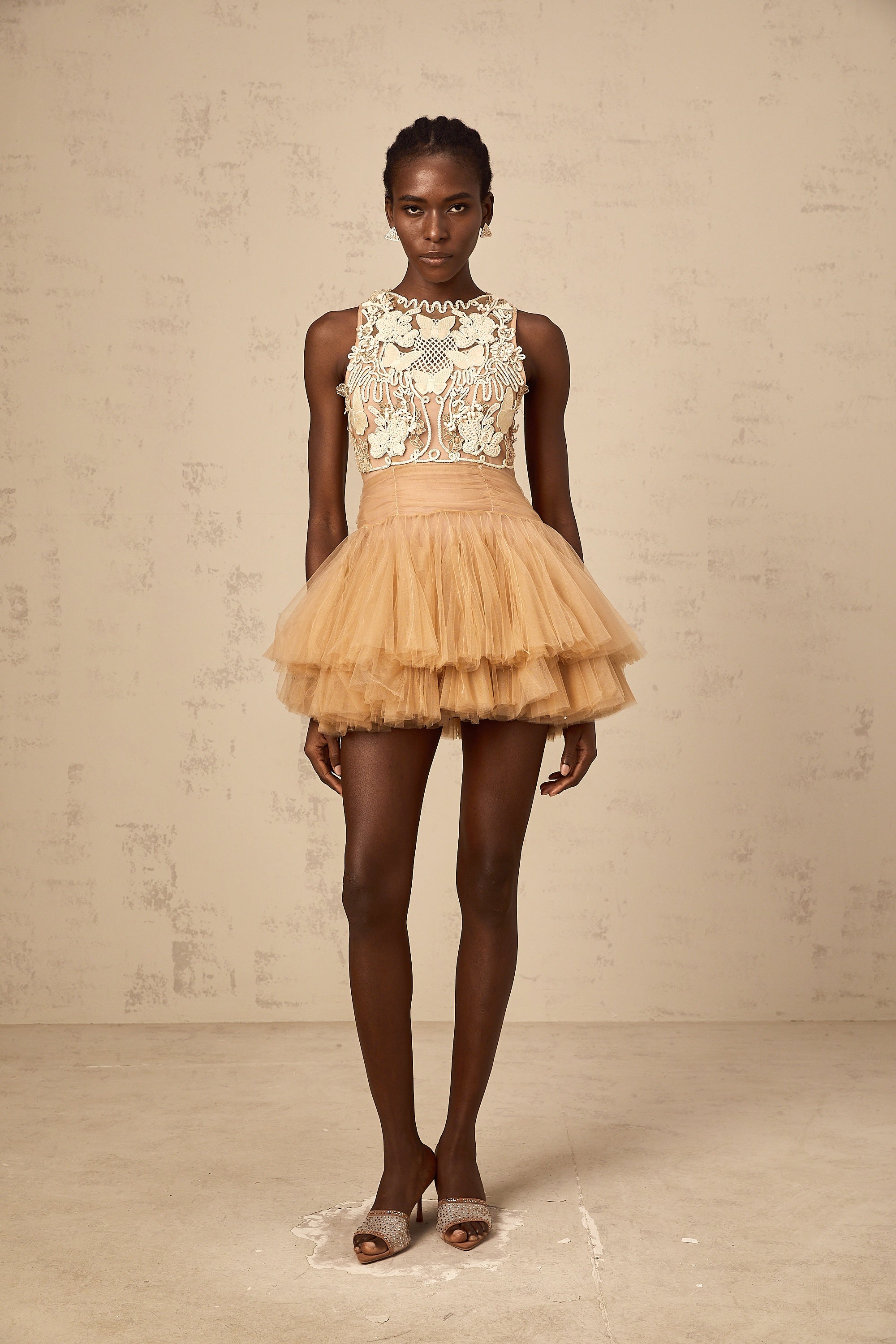 Candice khaki embellished corded-lace-panel tulle mini dress