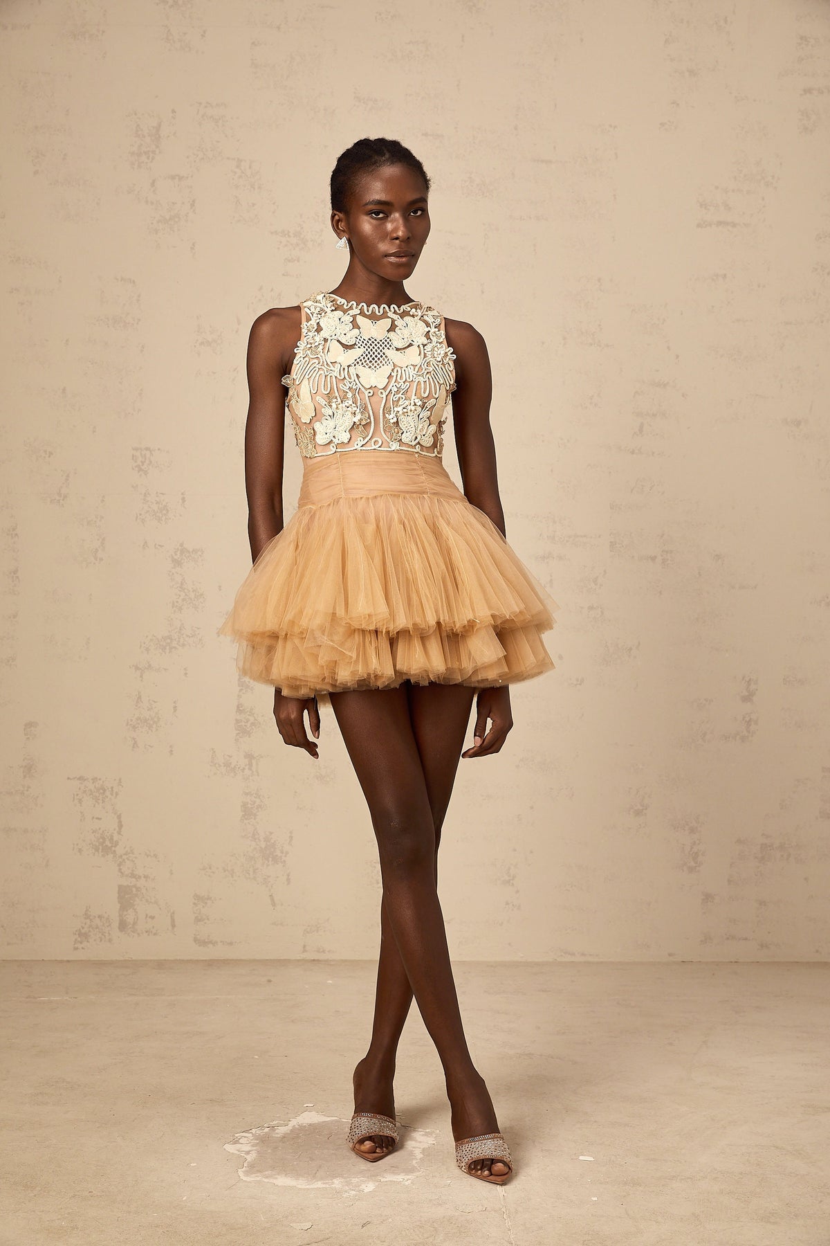 Candice khaki embellished corded-lace-panel tulle mini dress