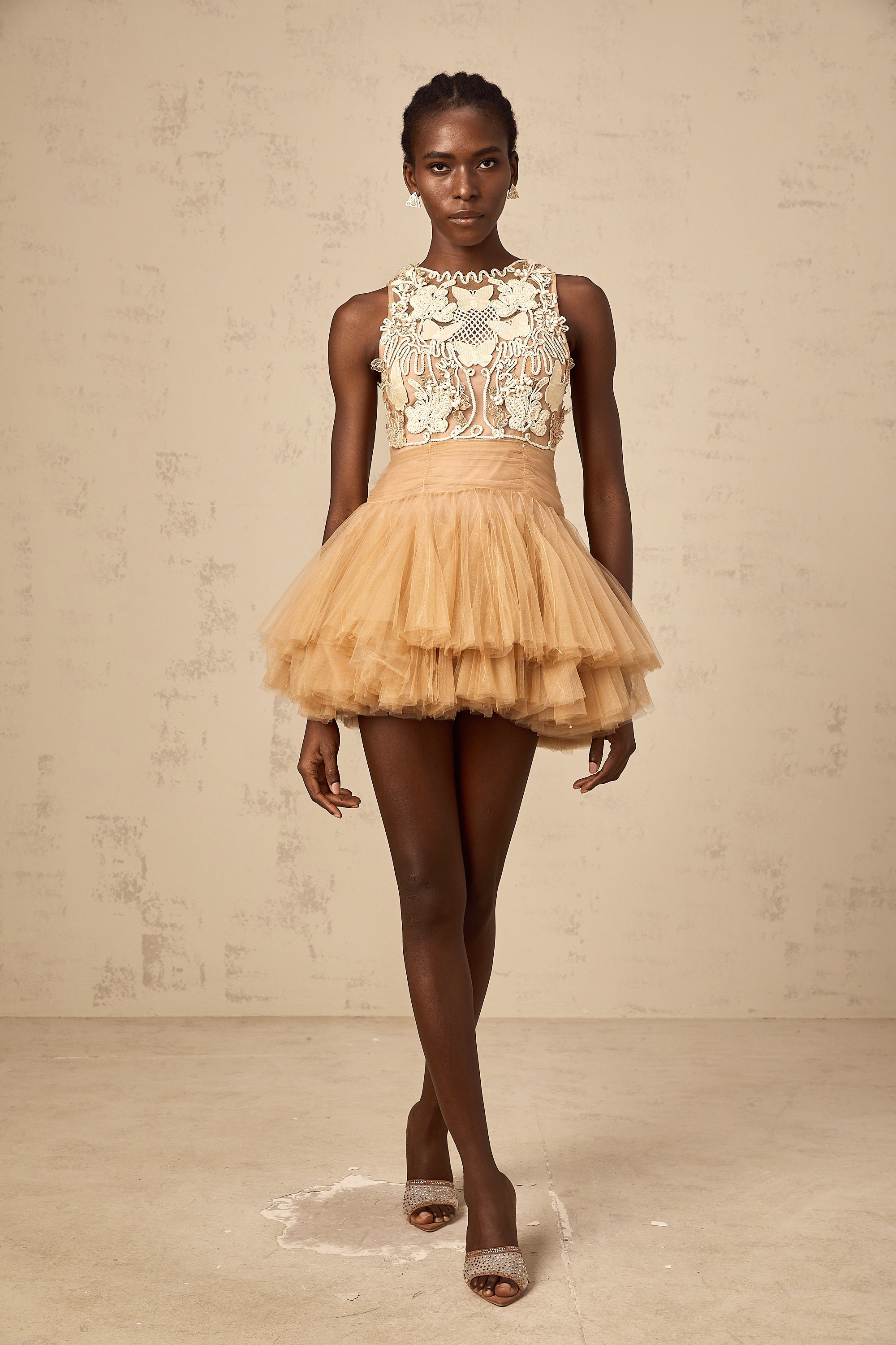 Candice khaki embellished corded-lace-panel tulle mini dress
