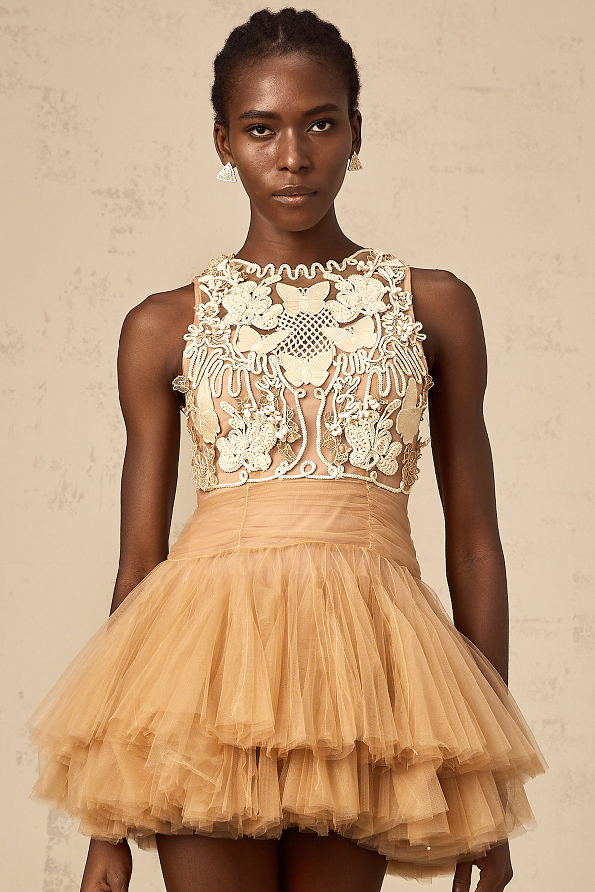 Candice khaki embellished corded-lace-panel tulle mini dress