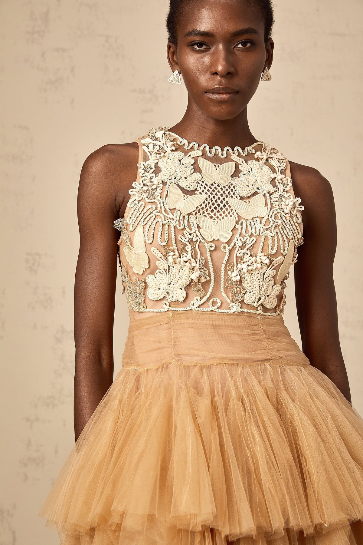 Candice khaki embellished corded-lace-panel tulle mini dress
