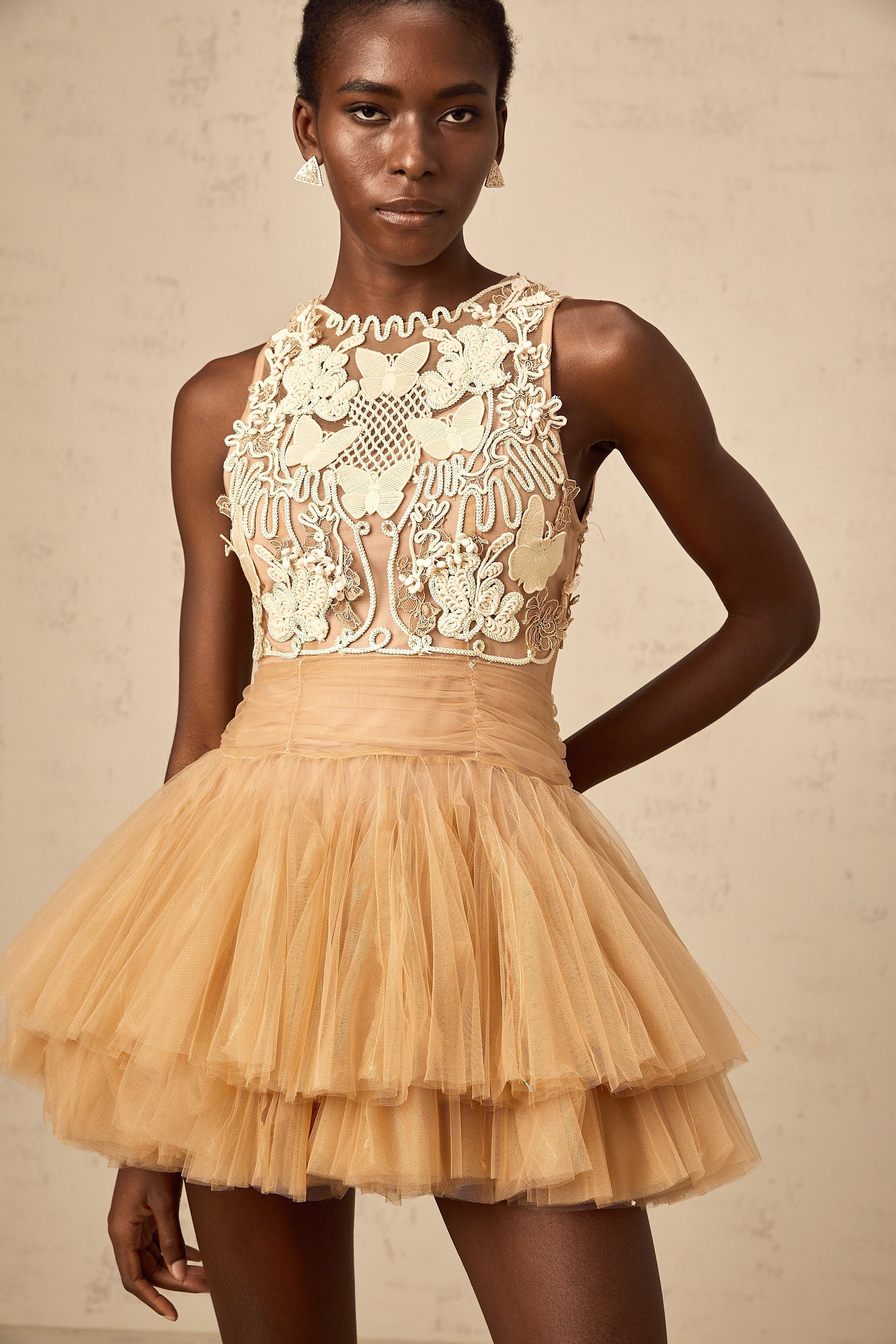 Candice khaki embellished corded-lace-panel tulle mini dress