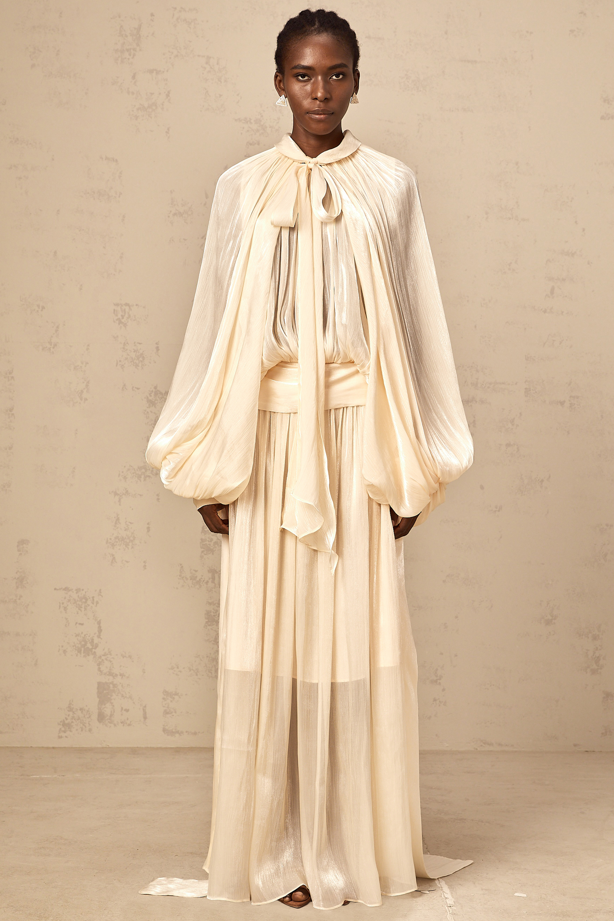 Mila pleated satin maxi dress in Neutrals
