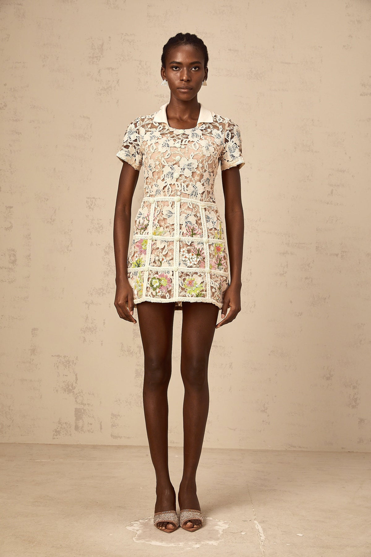 Françoise flower-embroidered mini dress in Neutrals